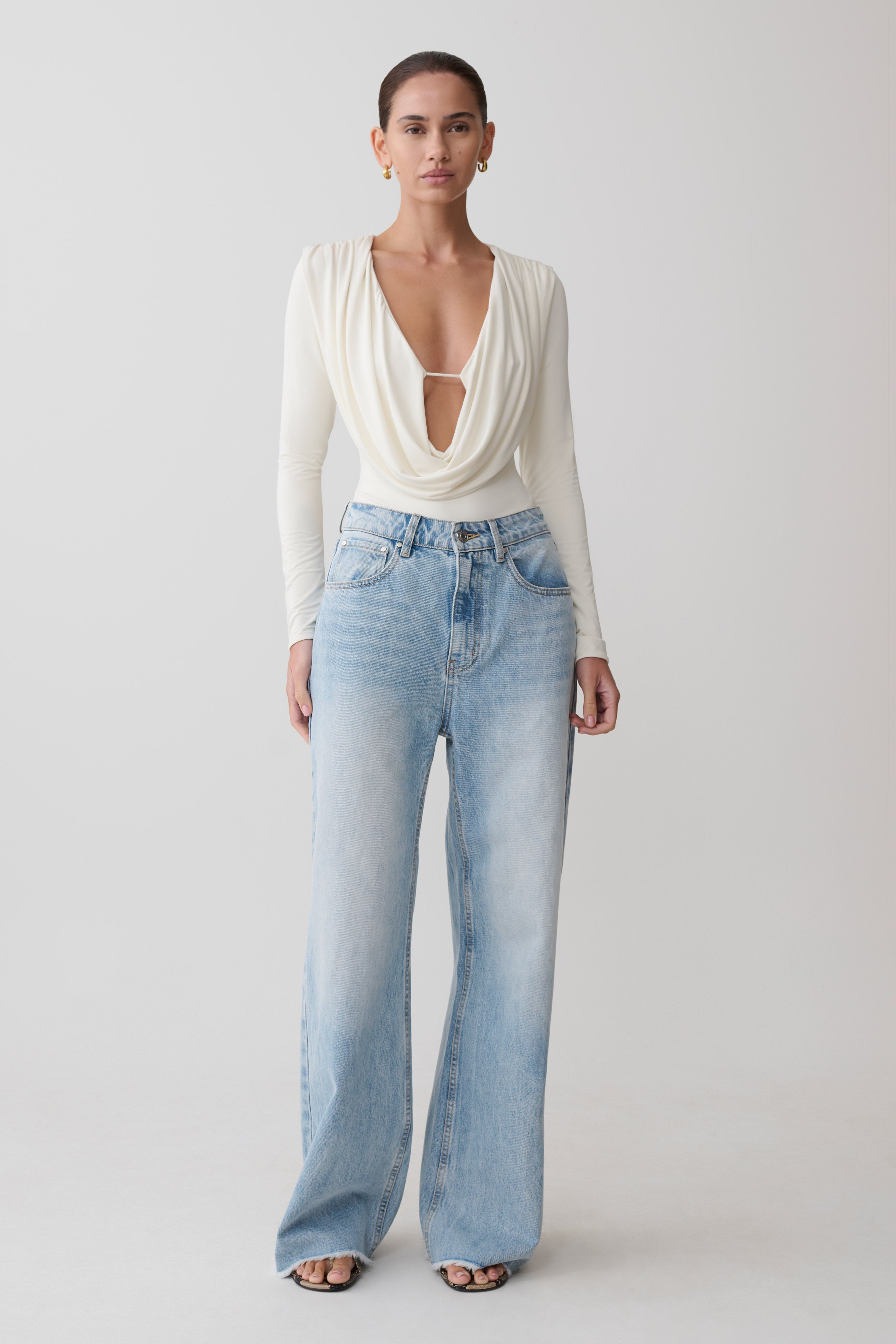 Ren Cowl Long Sleeve Slinky Bodysuit - Ivory