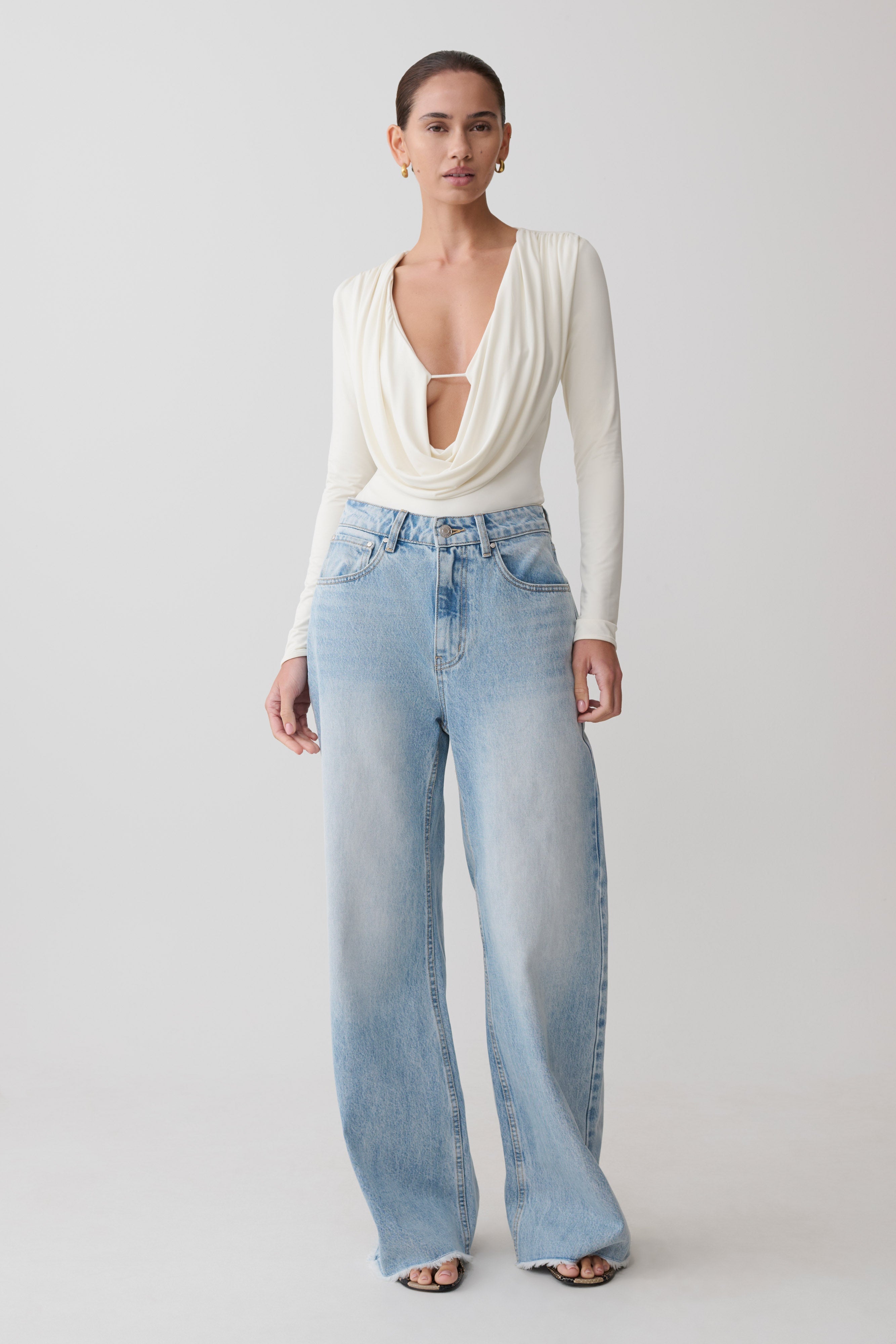 Ren Cowl Long Sleeve Slinky Bodysuit - Ivory