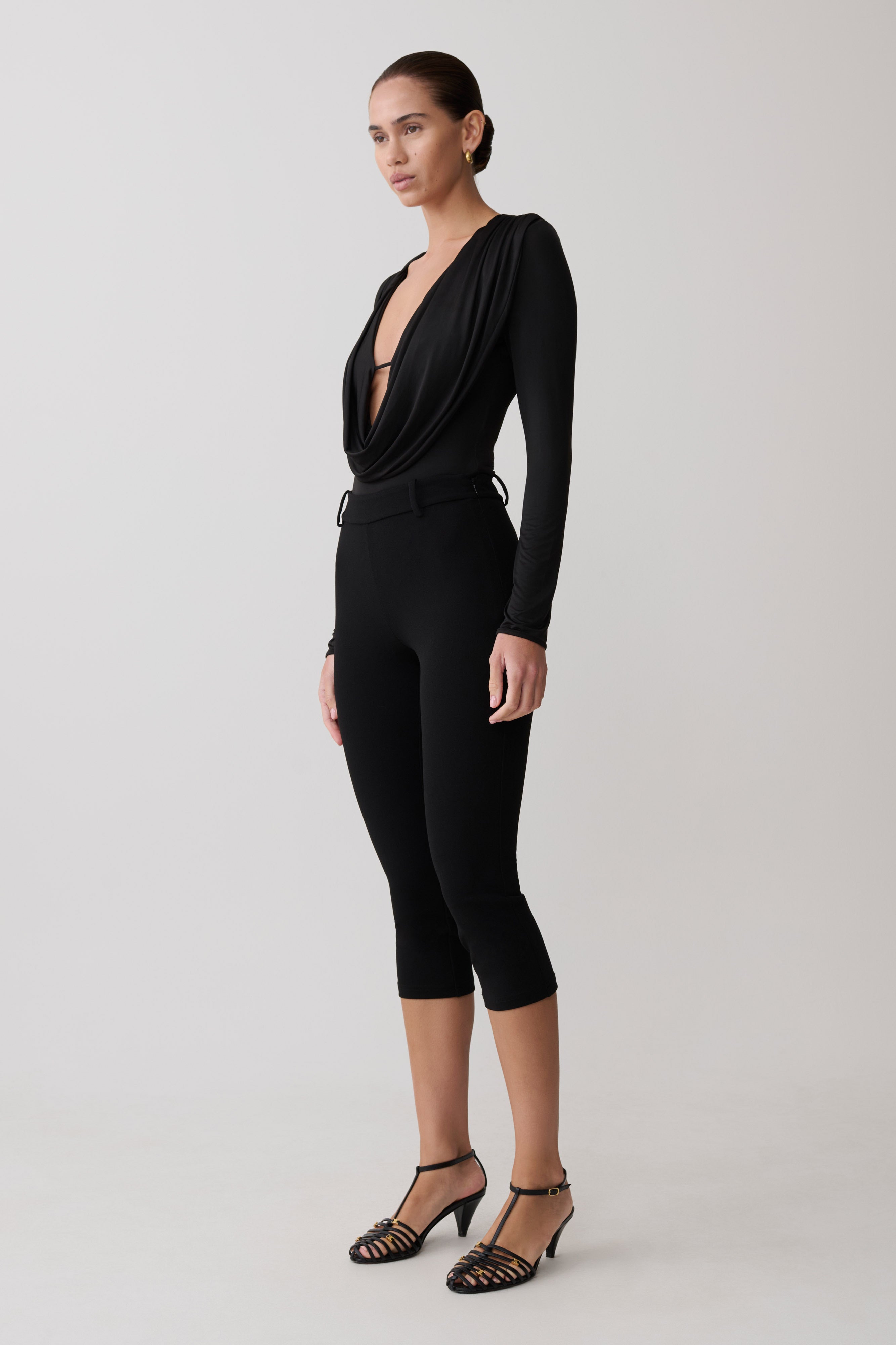 Ren Cowl Long Sleeve Slinky Bodysuit - Black