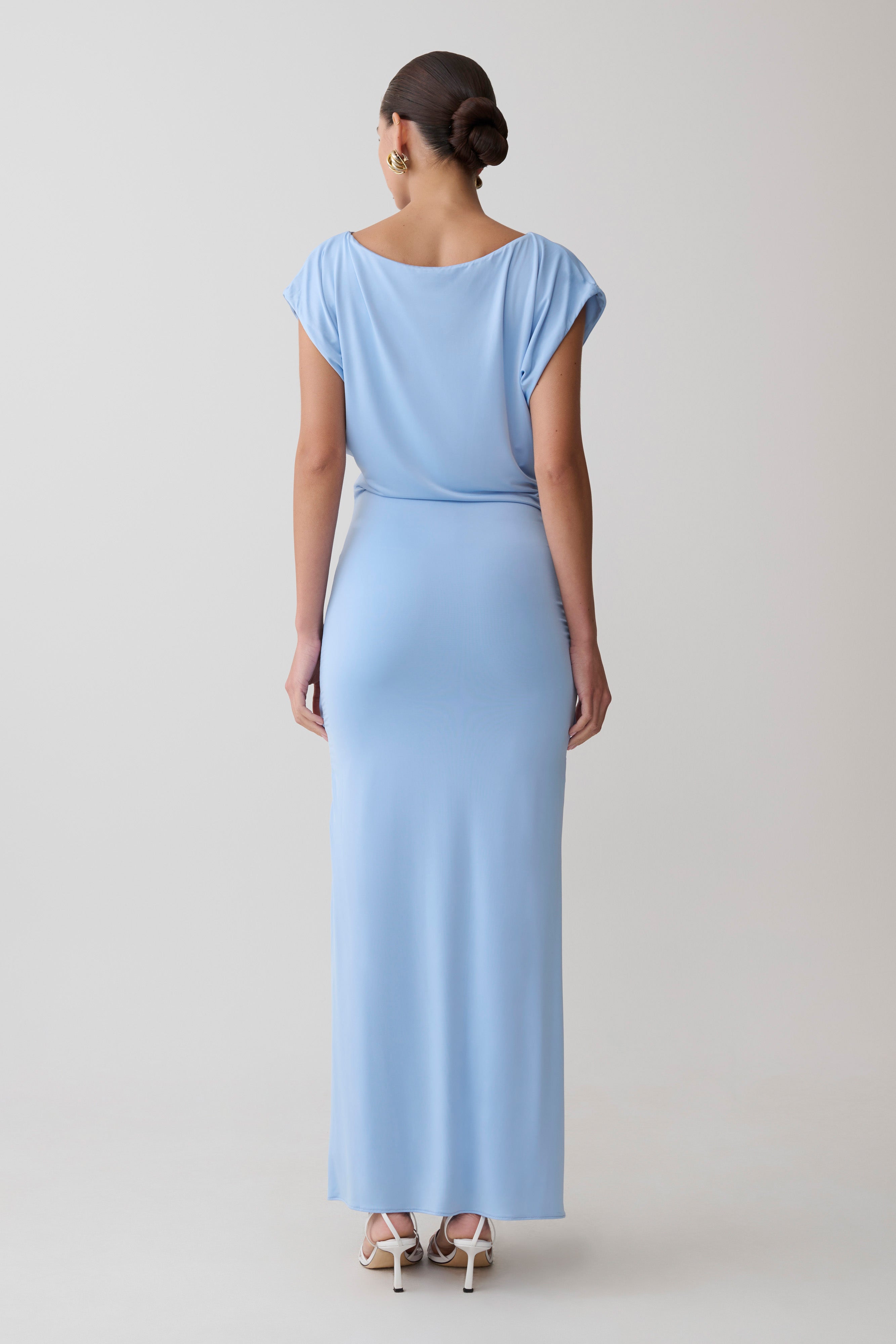 Maiara Shortsleeve Slinky Tie Maxi Dress - Sea Blue