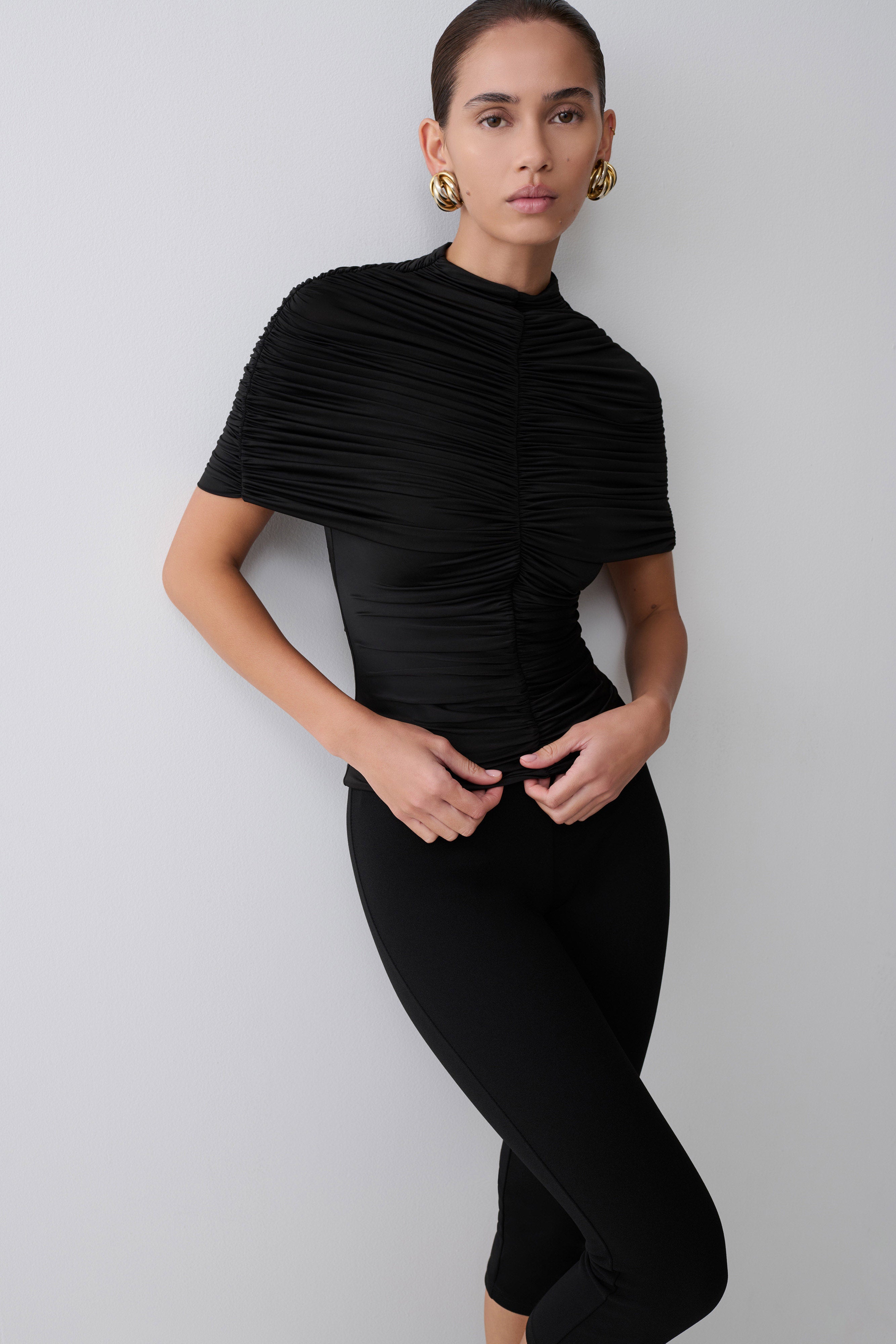 Linh Slinky High Neck Gathered Top - Black