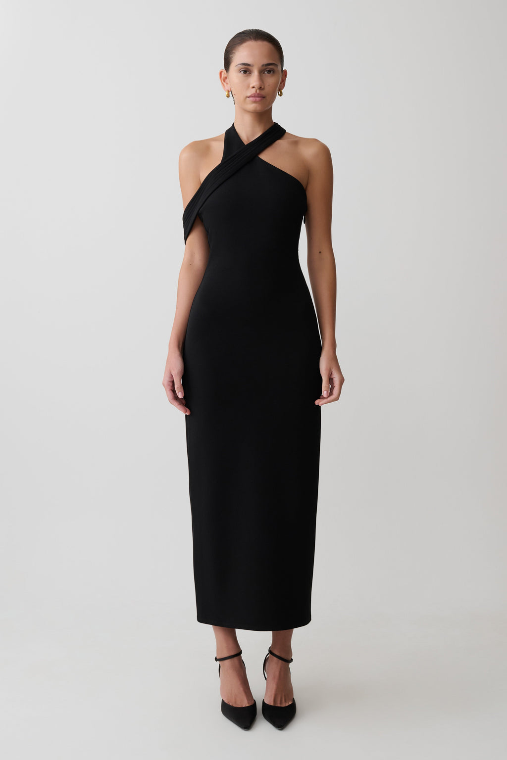 Sable Crossover Crepe Midi Dress - Black