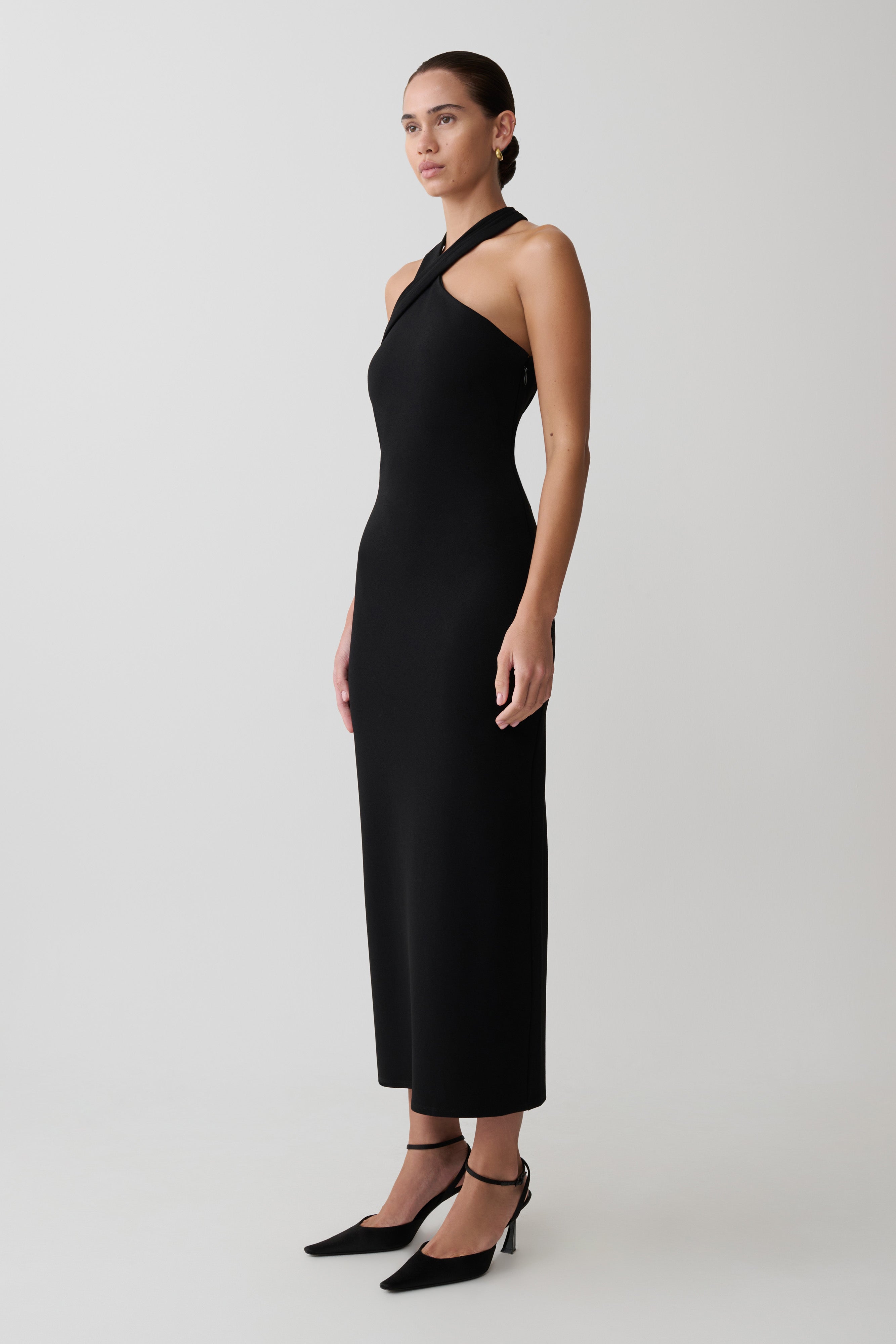 Sable Crossover Crepe Midi Dress - Black