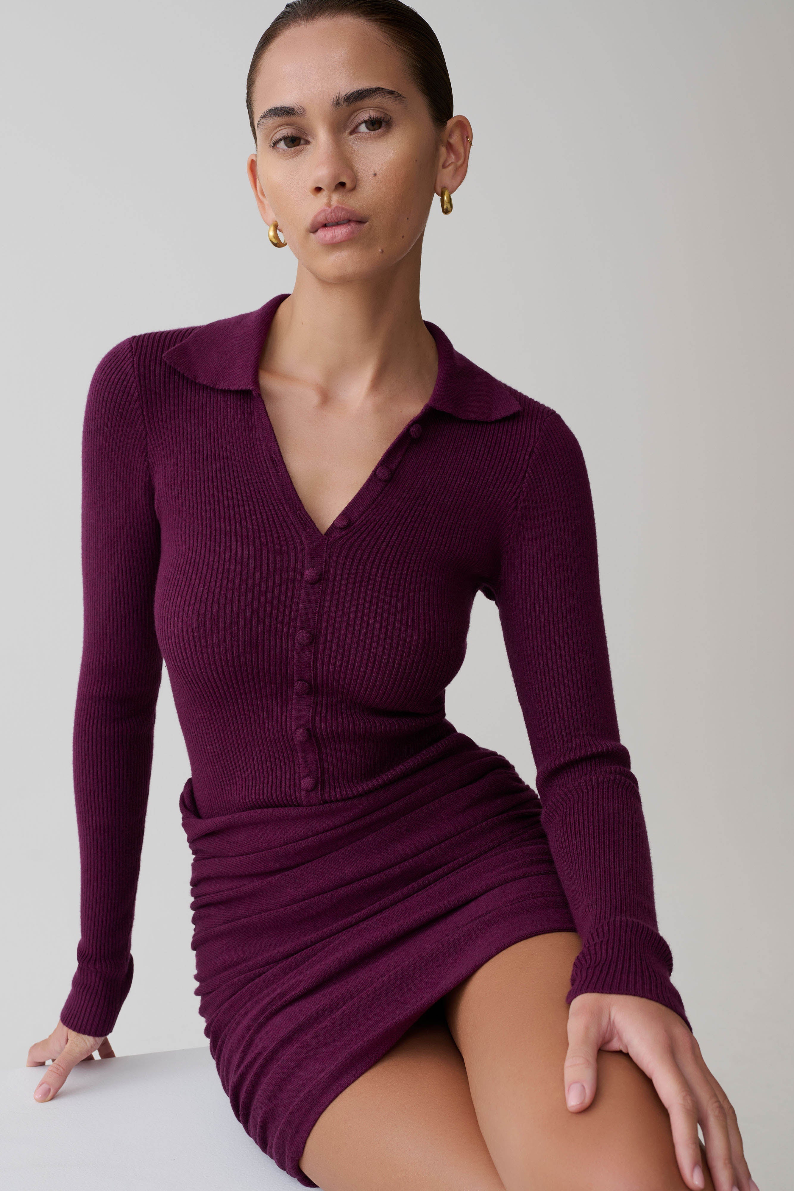 Agness Long Sleeve Button Up Knit Dress - Plum