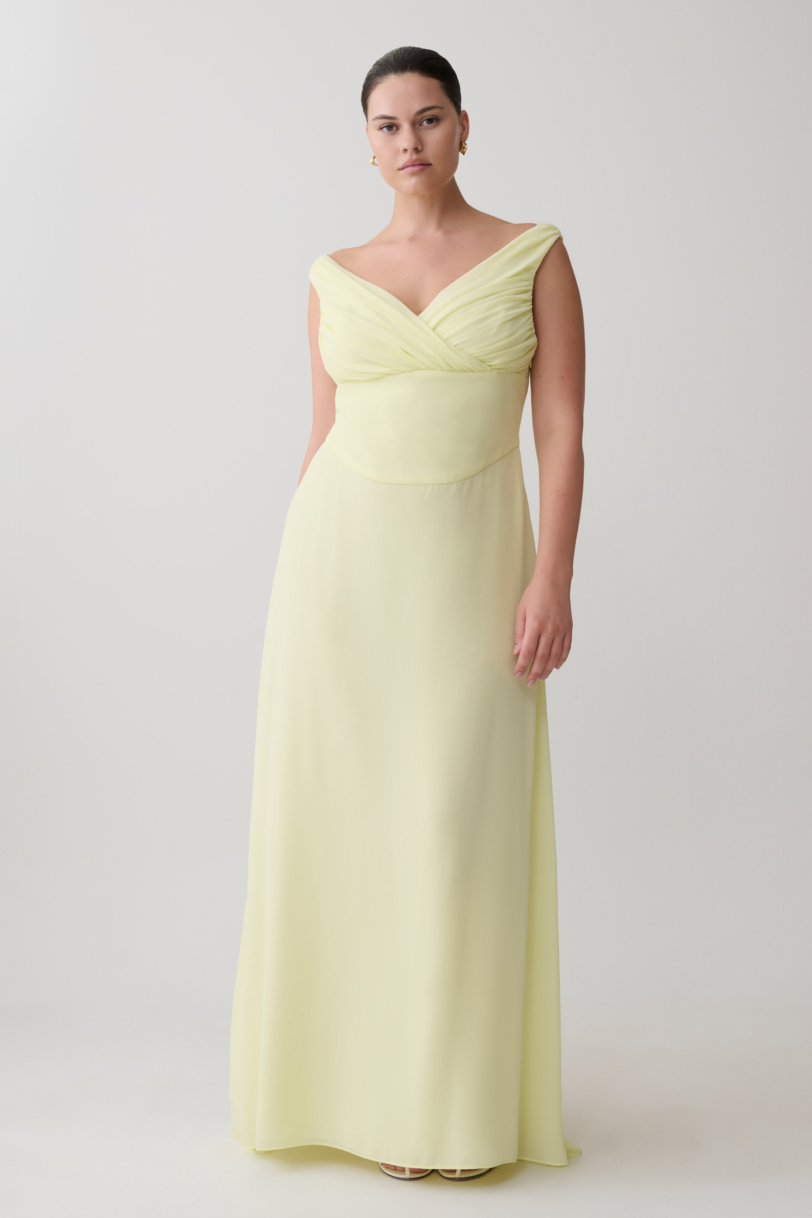 Mabel Off Shoulder Chiffon Maxi Dress - Lemon
