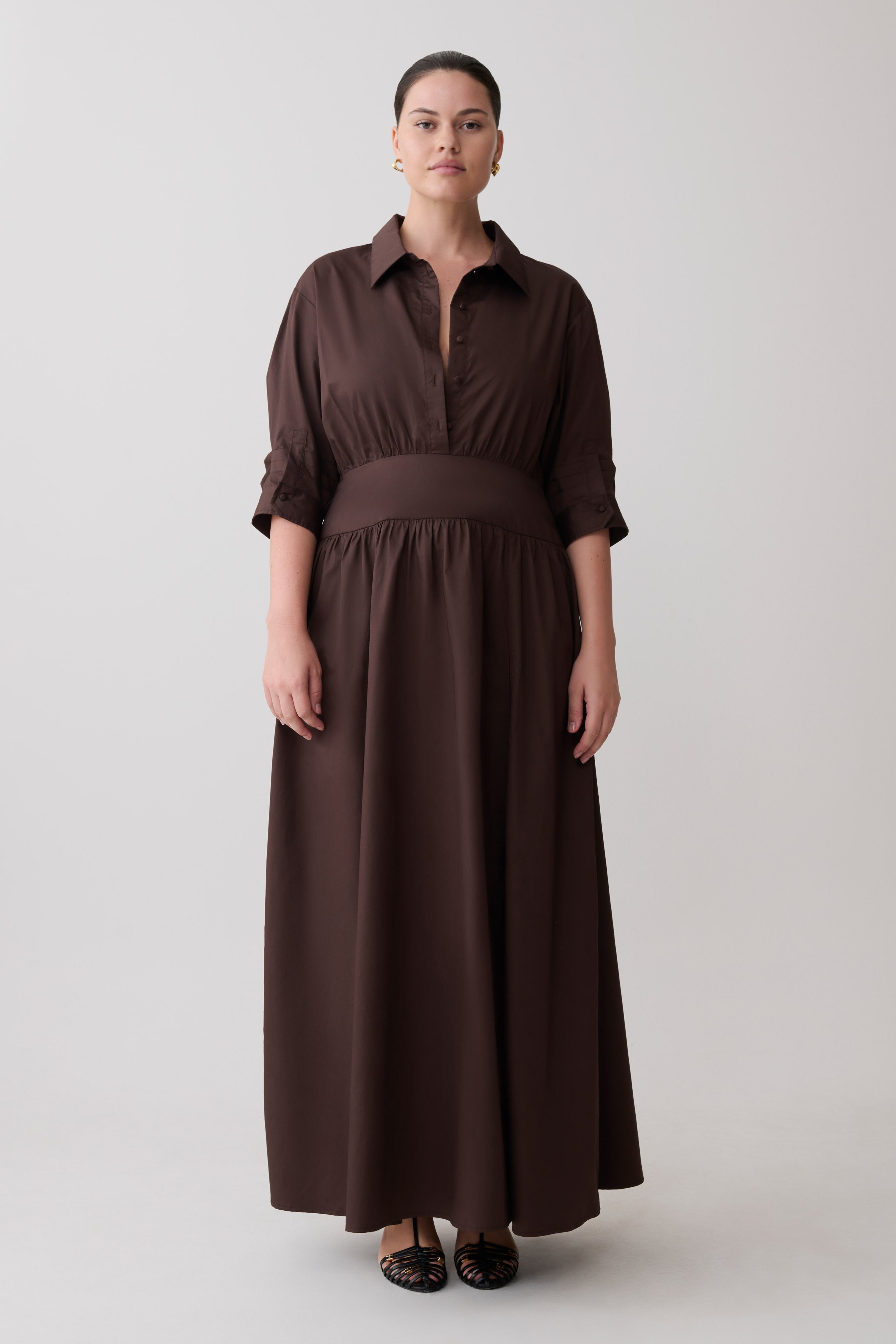 Isolde Long Sleeve Cotton Maxi Dress - Dark Chocolate