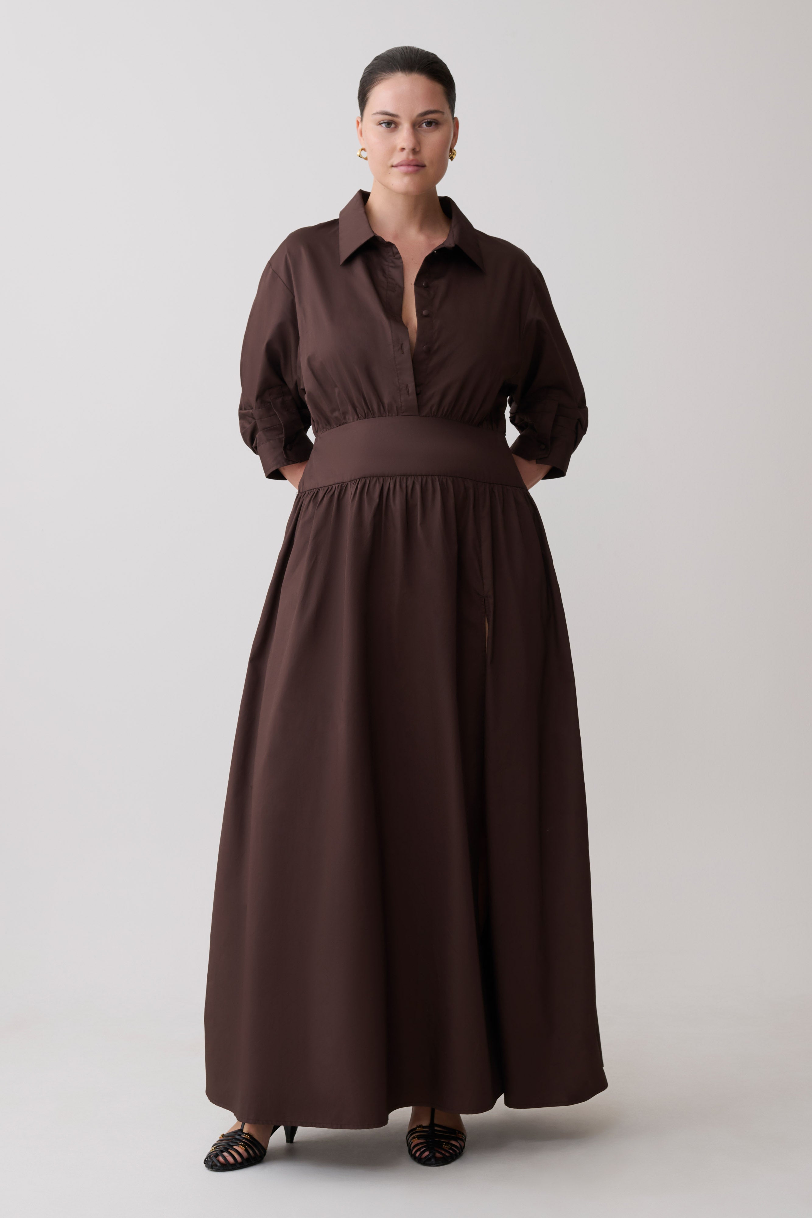 Isolde Long Sleeve Cotton Maxi Dress - Dark Chocolate