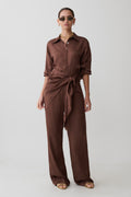 Gia Wrapped Tie Satin Pants - Chocolate