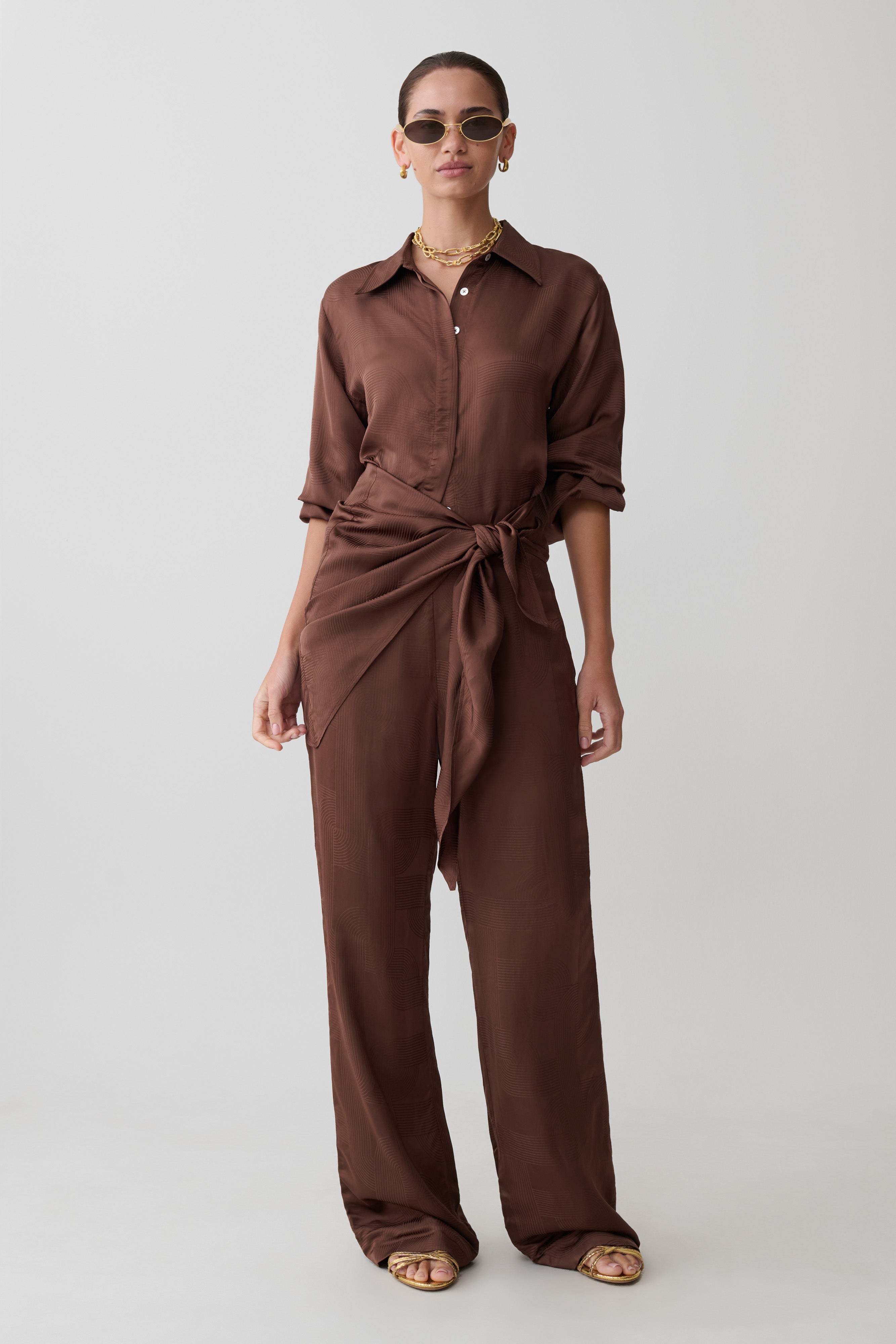 Gia Wrapped Tie Satin Pants - Chocolate