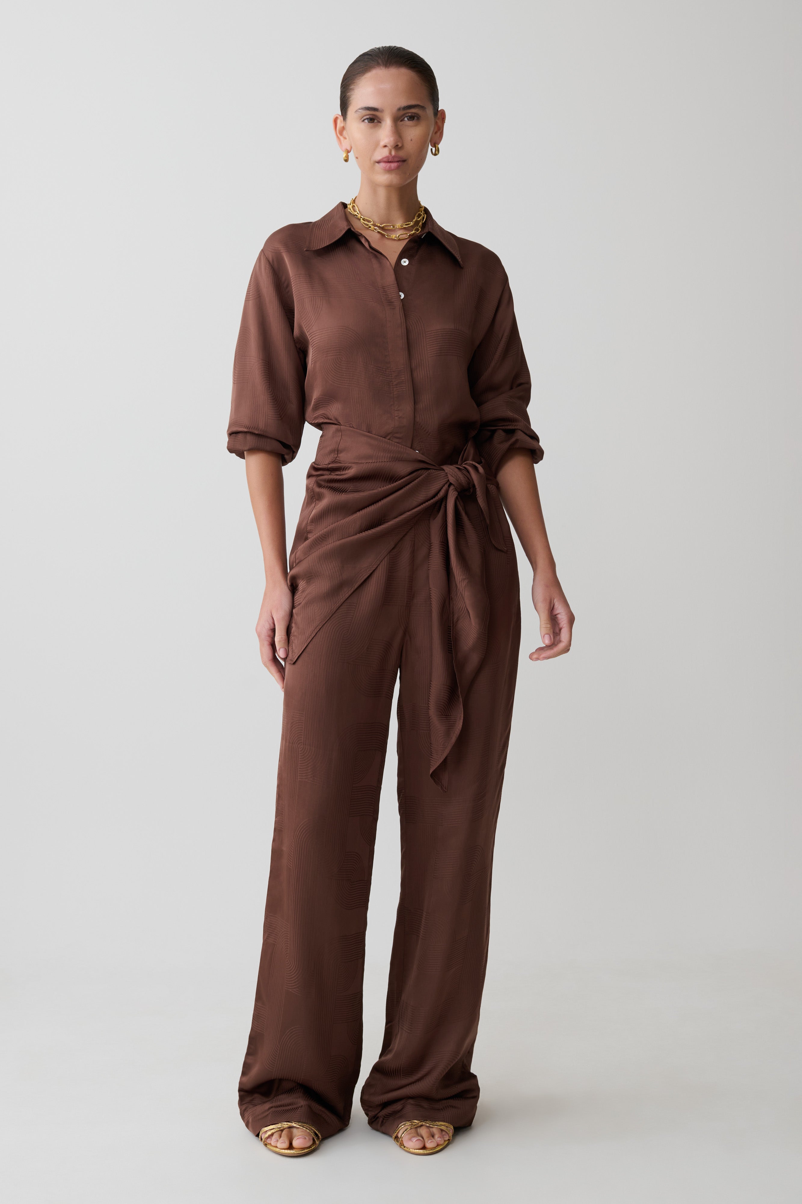Gia Wrapped Tie Satin Pants - Chocolate