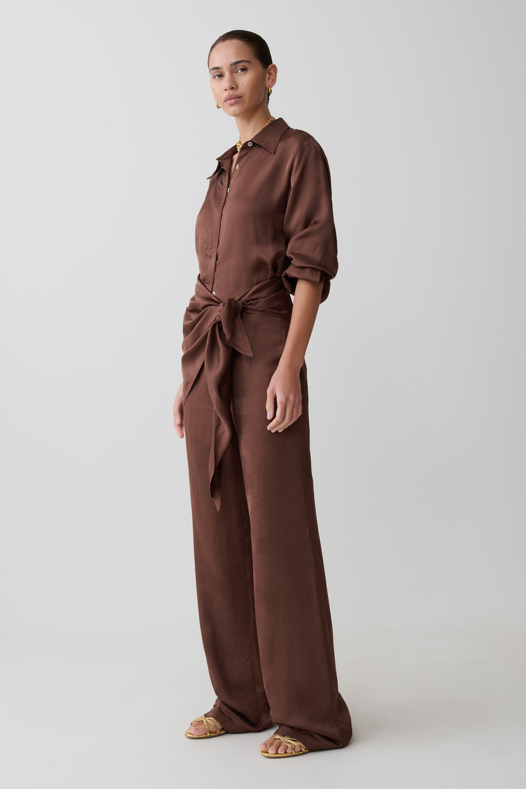 Gia Long Sleeve Satin Shirt - Chocolate