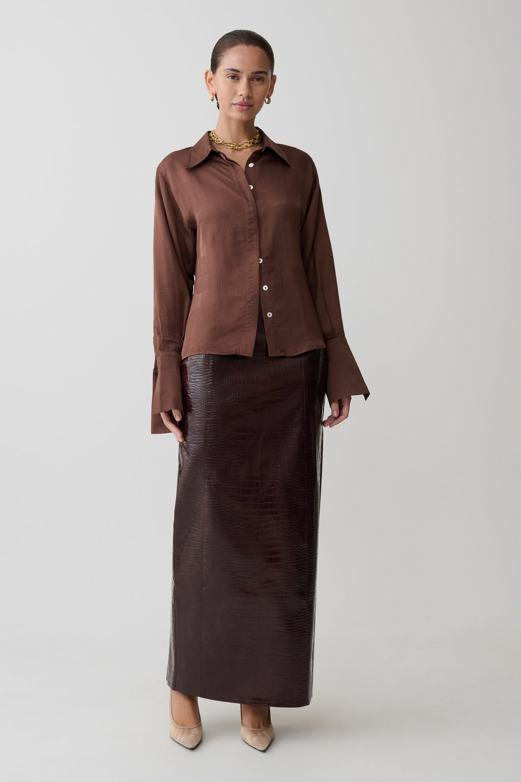 Gia Long Sleeve Satin Shirt - Chocolate