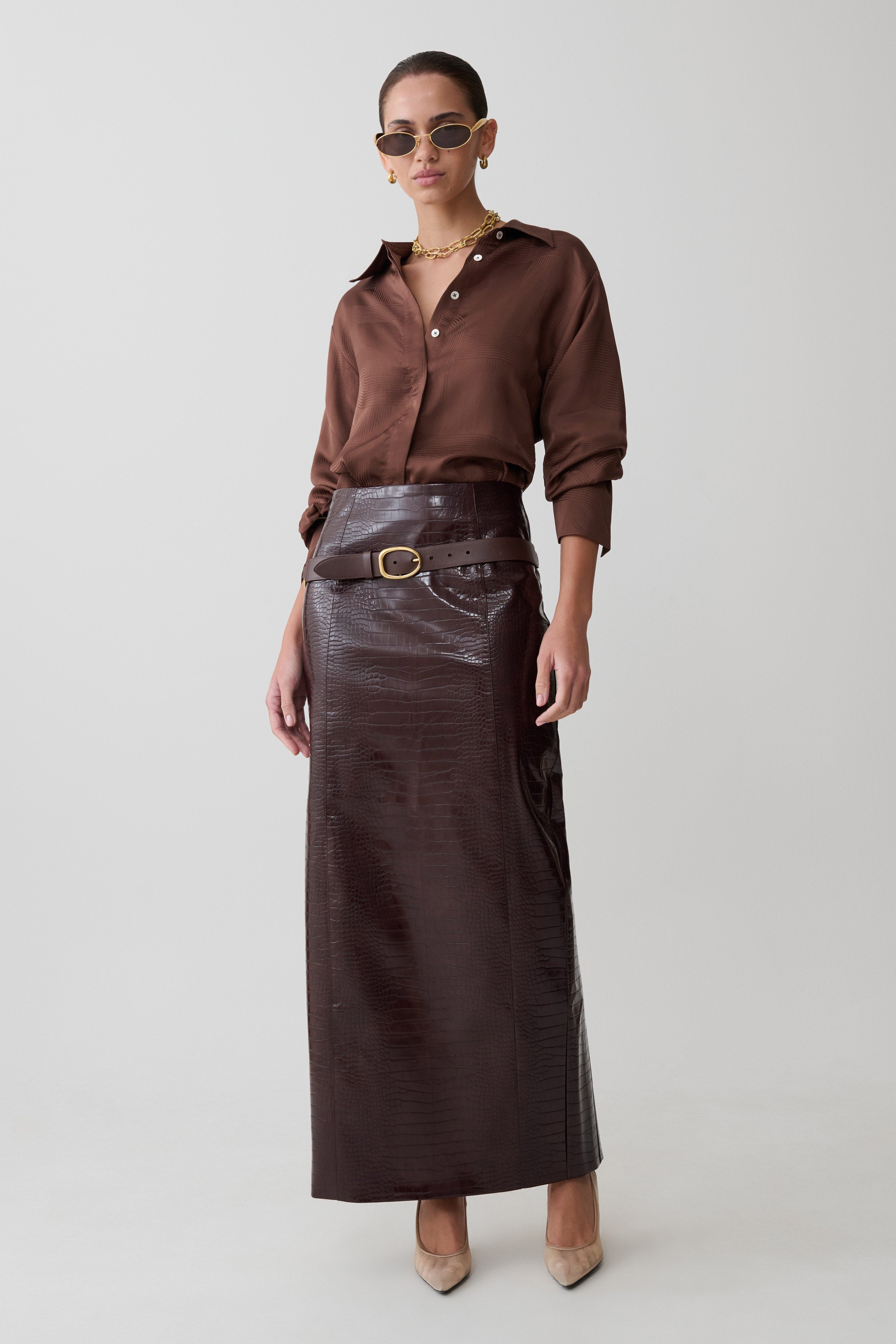 Gia Long Sleeve Satin Shirt - Chocolate