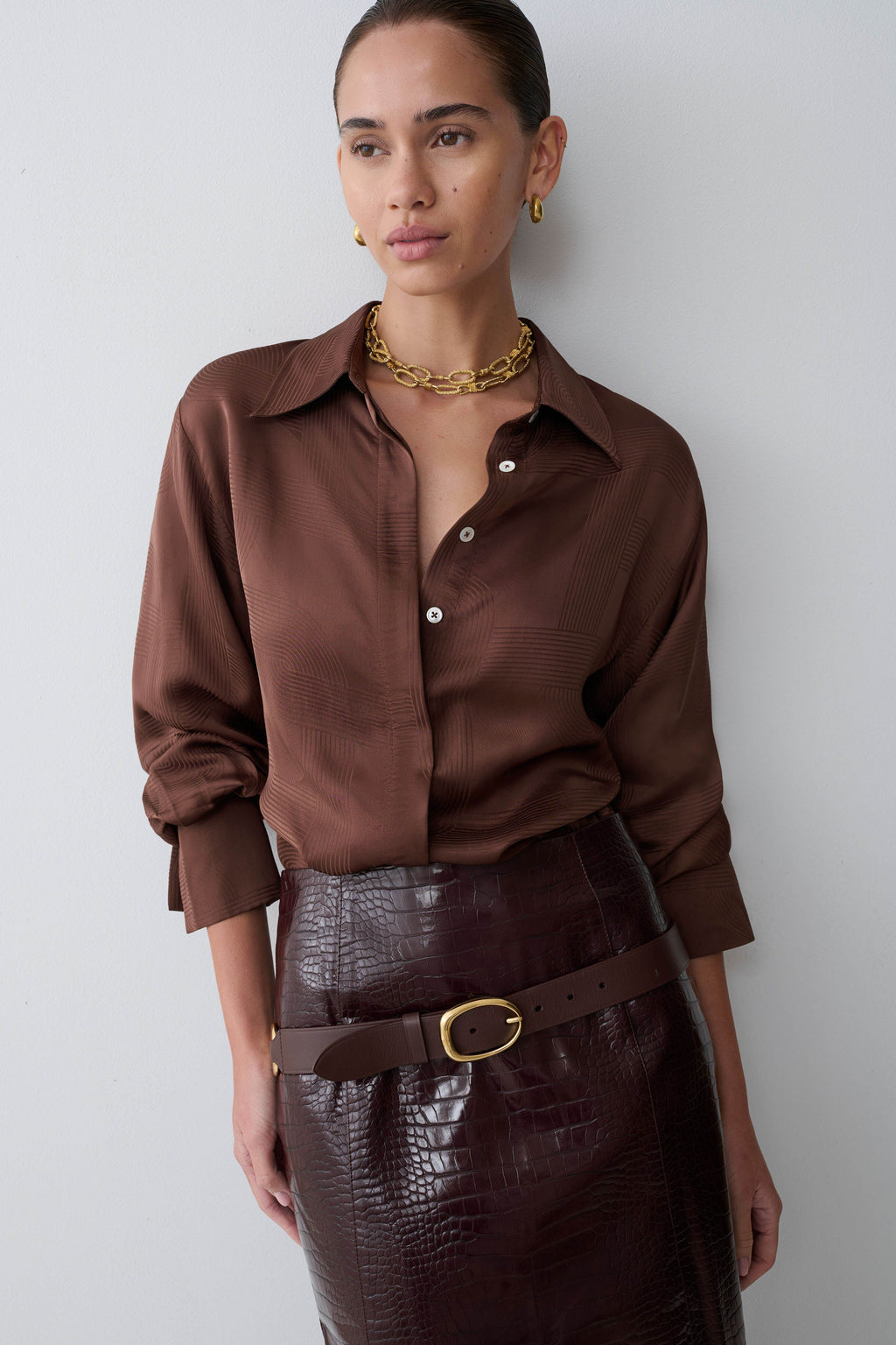Gia Long Sleeve Satin Shirt - Chocolate
