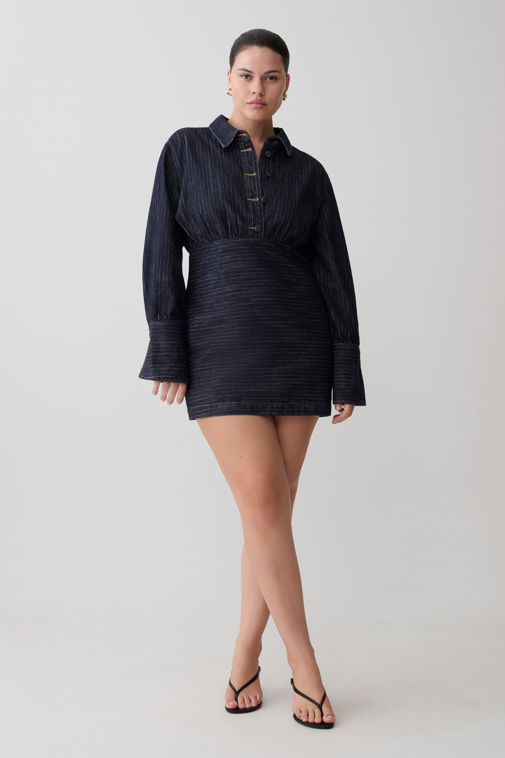 Zarah Denim Long Sleeve Mini Dress - Indigo Pinstripe