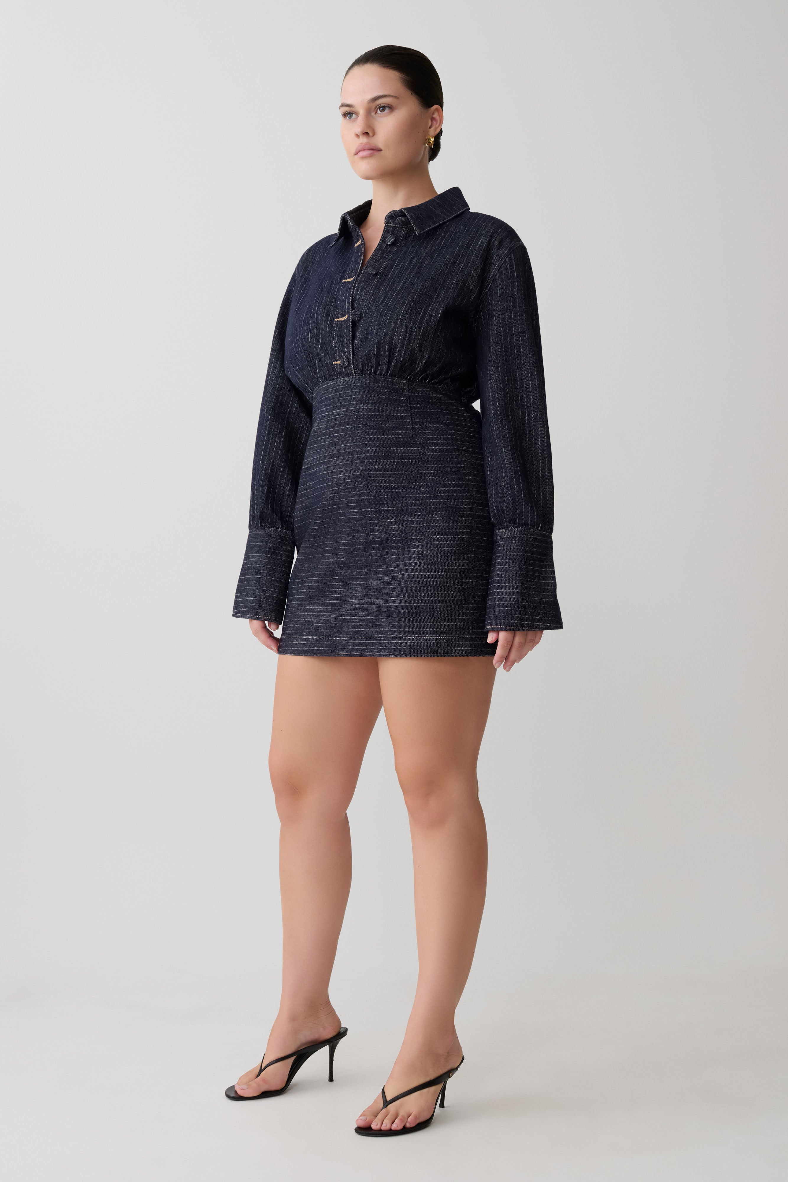 Zarah Denim Long Sleeve Mini Dress - Indigo Pinstripe