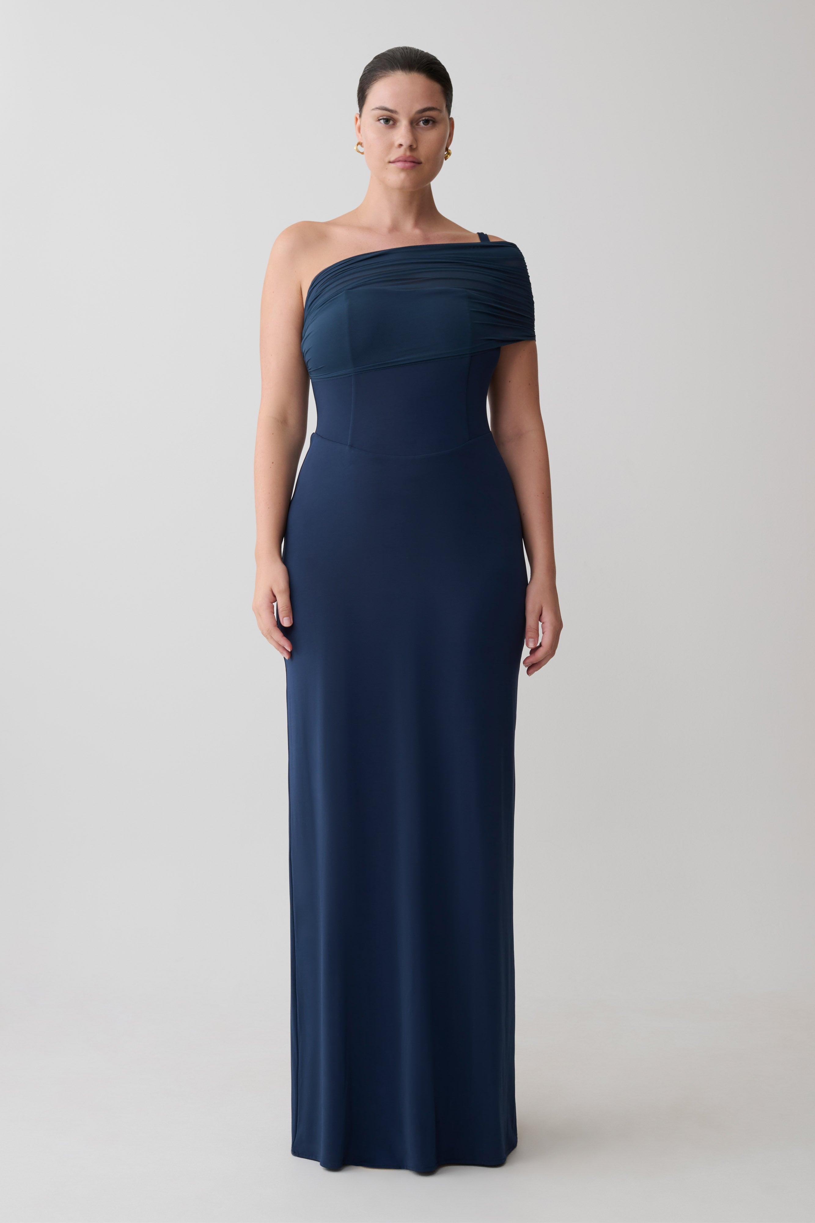 Hanh One Shoulder Mesh Maxi Dress - Ink Blue