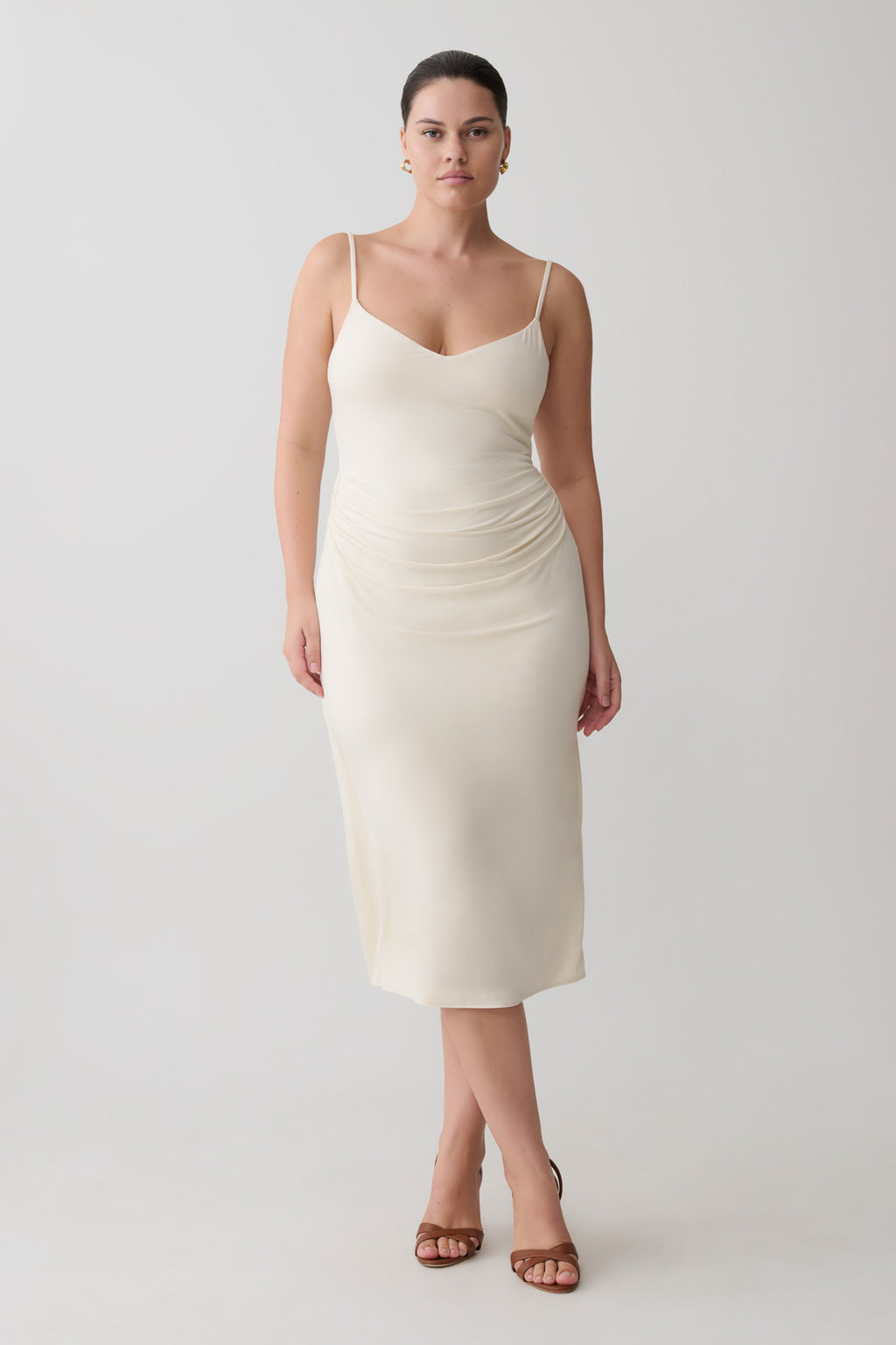 Vina Gathered Jersey Midi Dress - Ivory