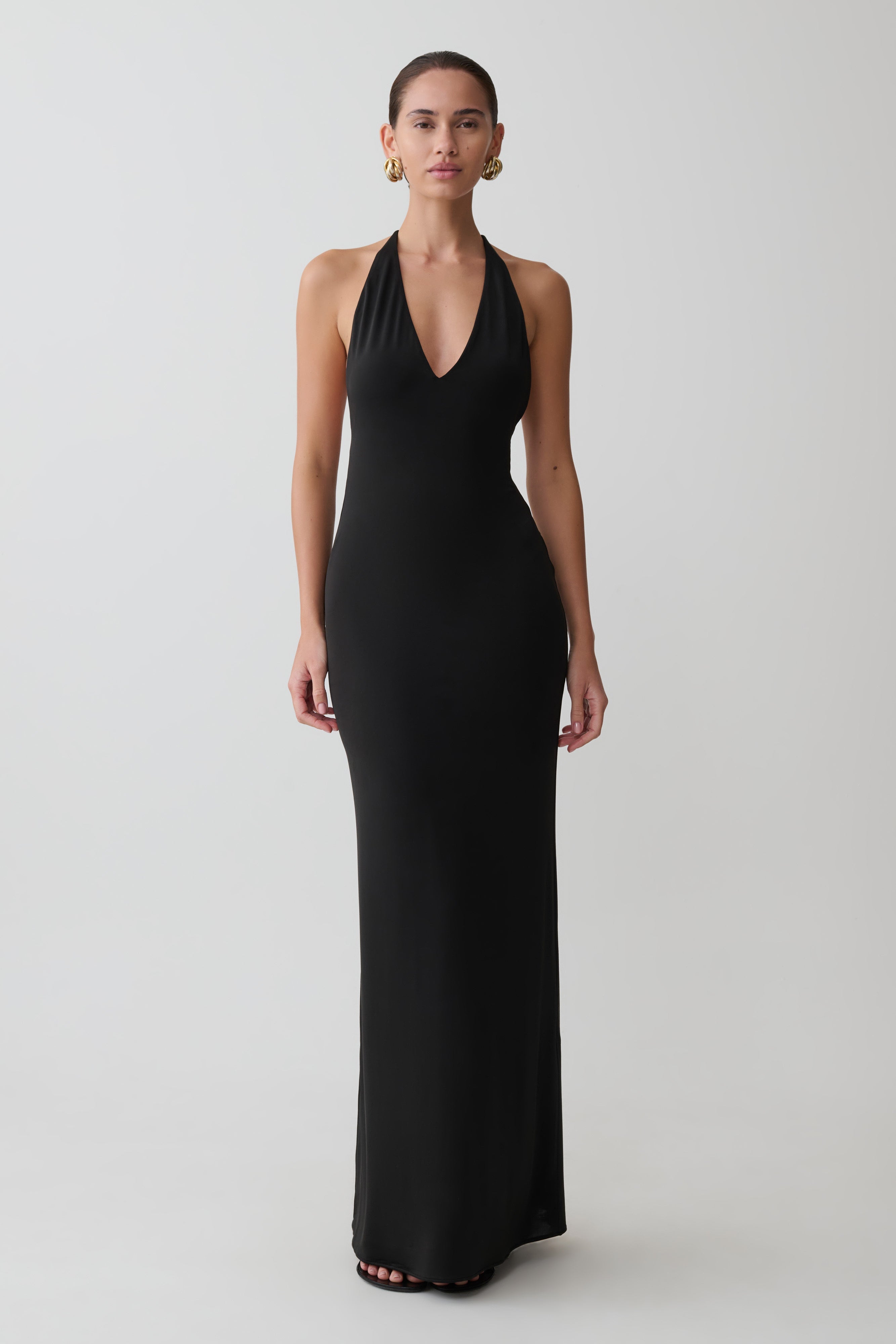 Hana Slinky Plunge Maxi Dress - Black