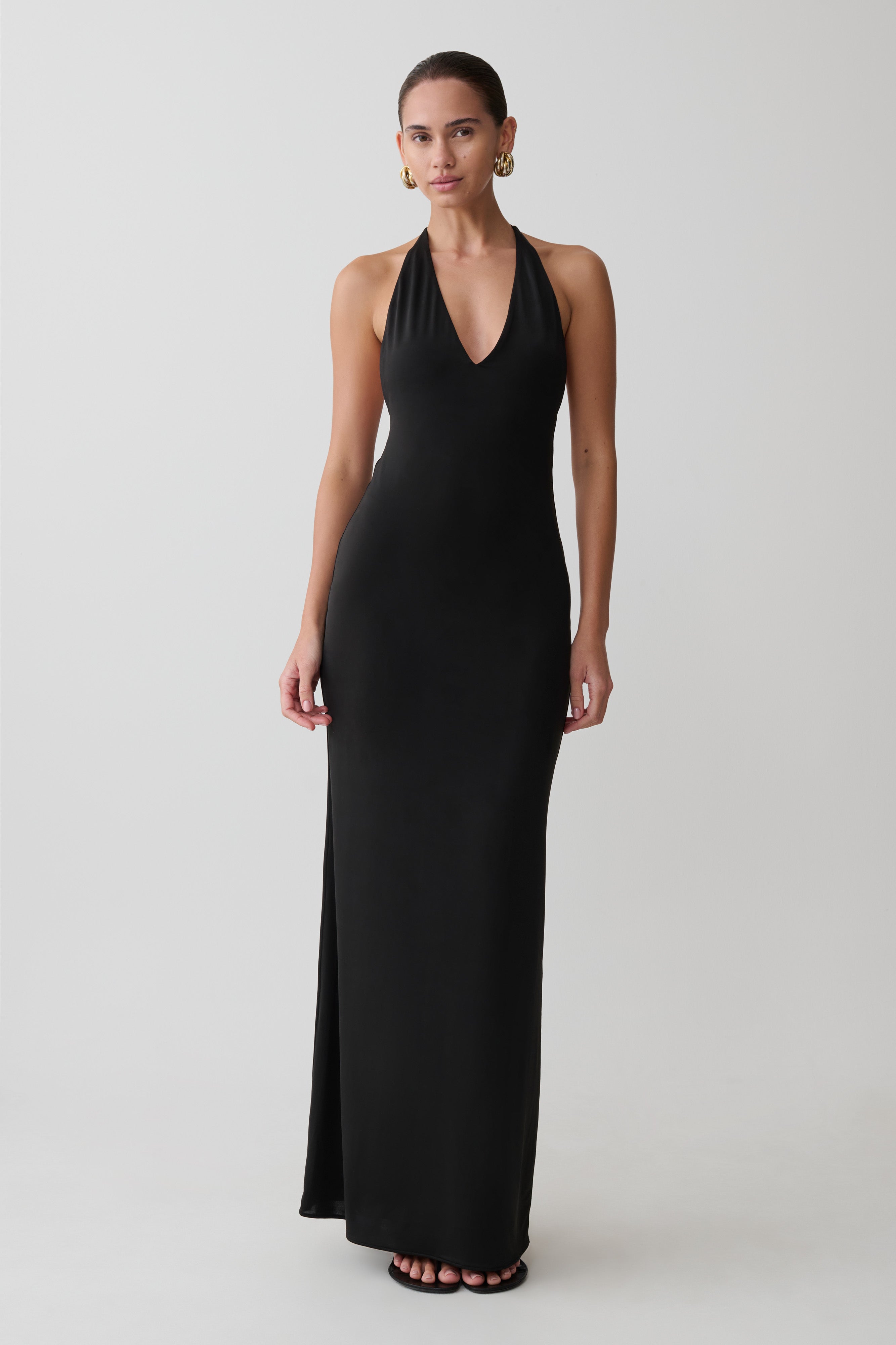 Hana Slinky Plunge Maxi Dress - Black