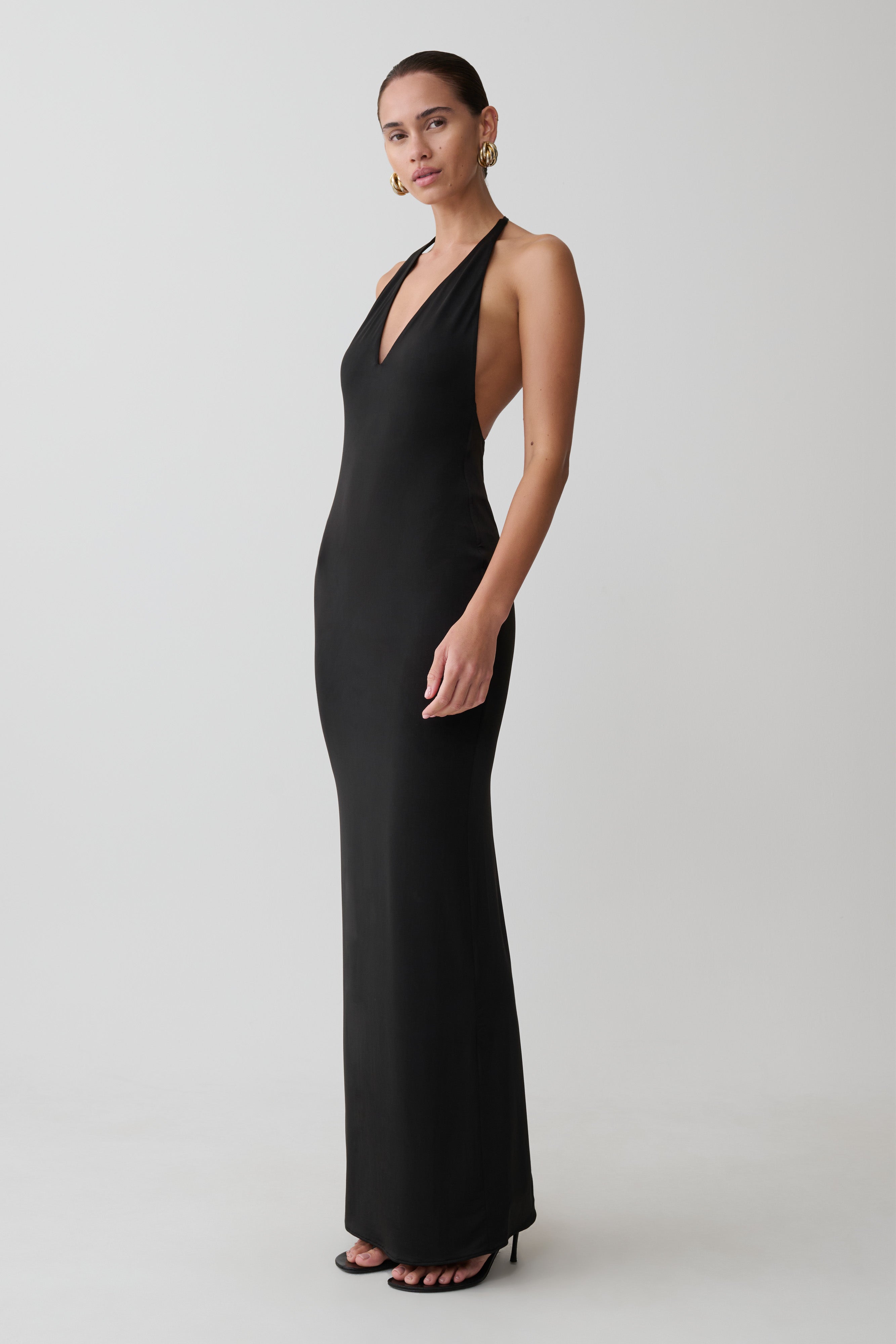 Hana Slinky Plunge Maxi Dress - Black
