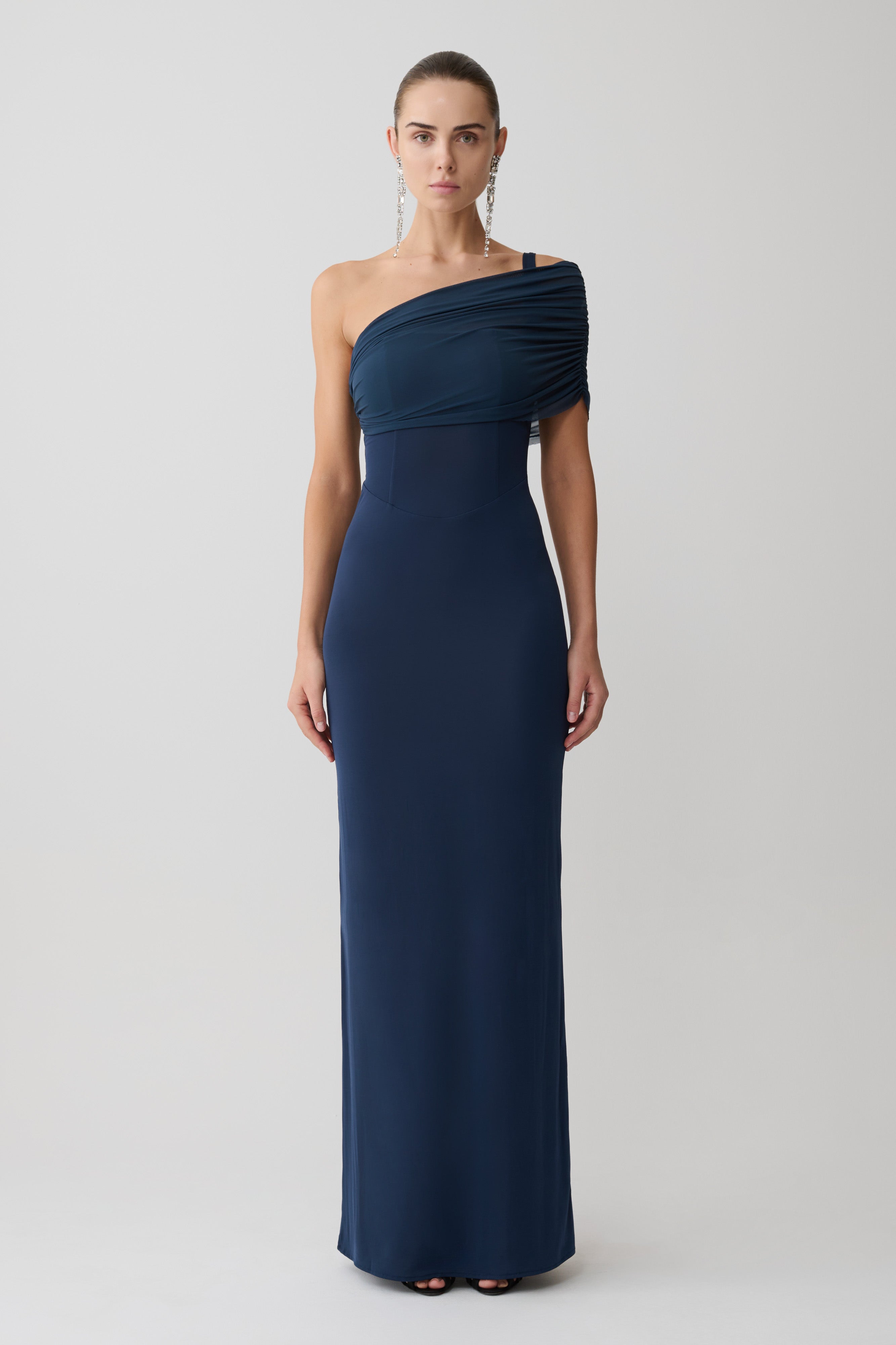 Hanh One Shoulder Mesh Maxi Dress - Ink Blue