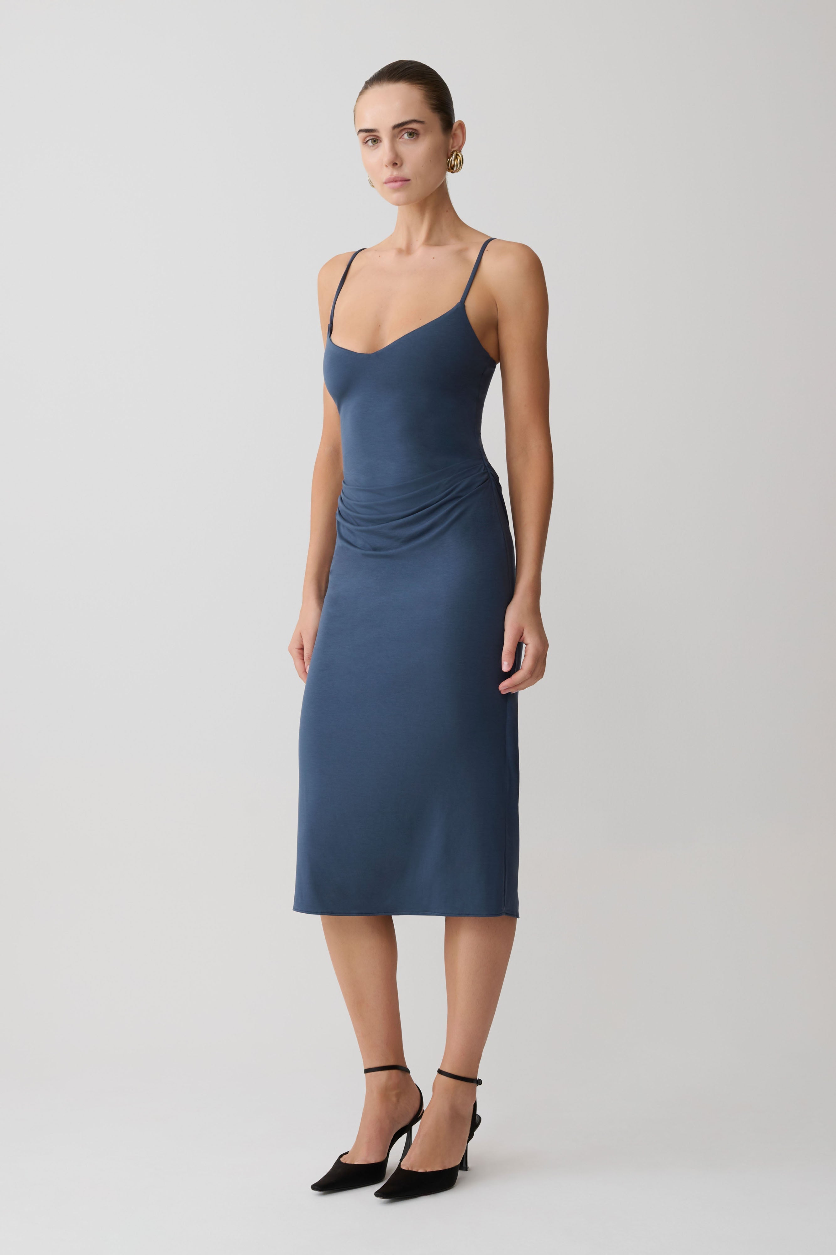Vina Gathered Jersey Midi Dress - Ink Blue