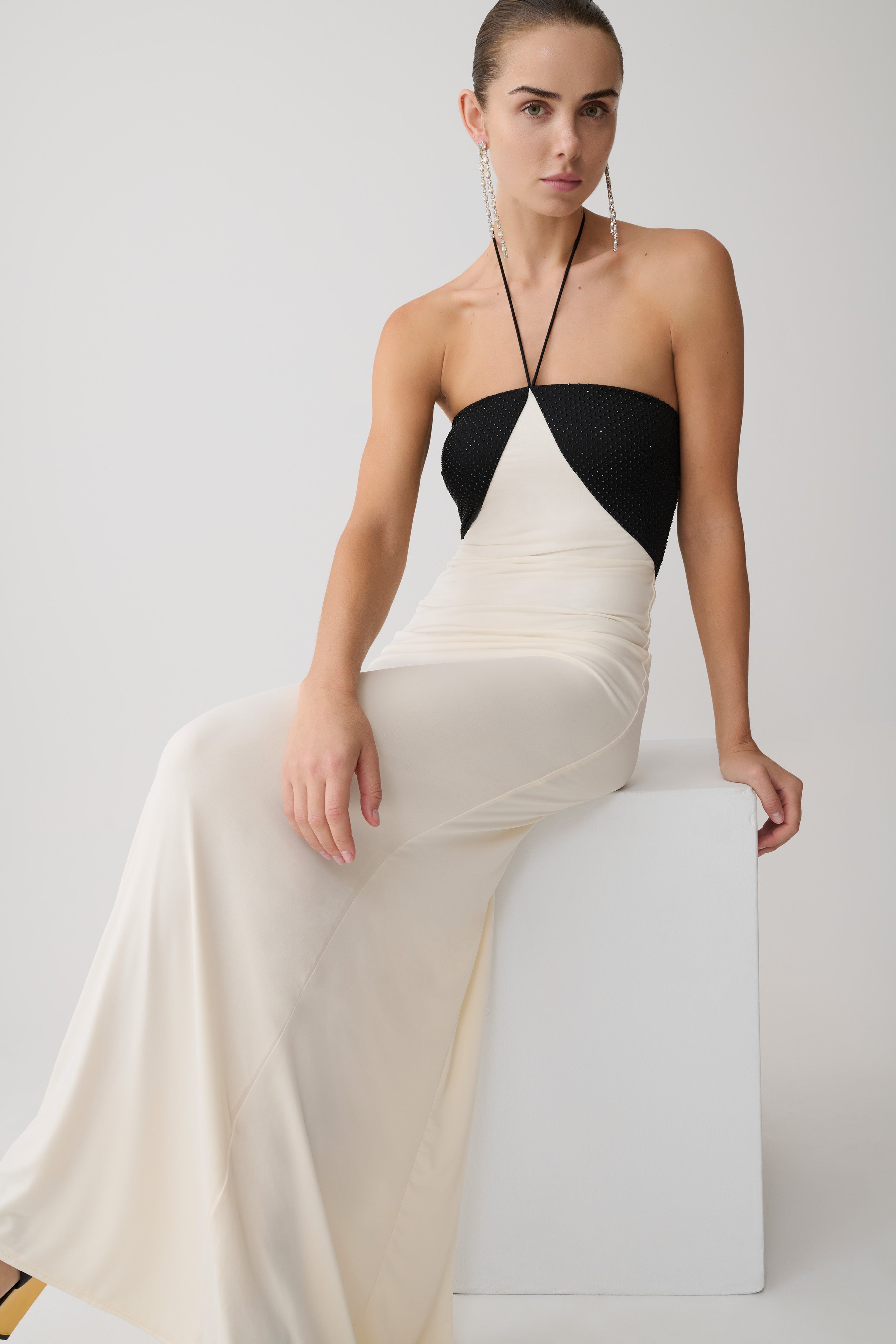 Hien Sequin Halter Maxi Dress - Black/Ivory