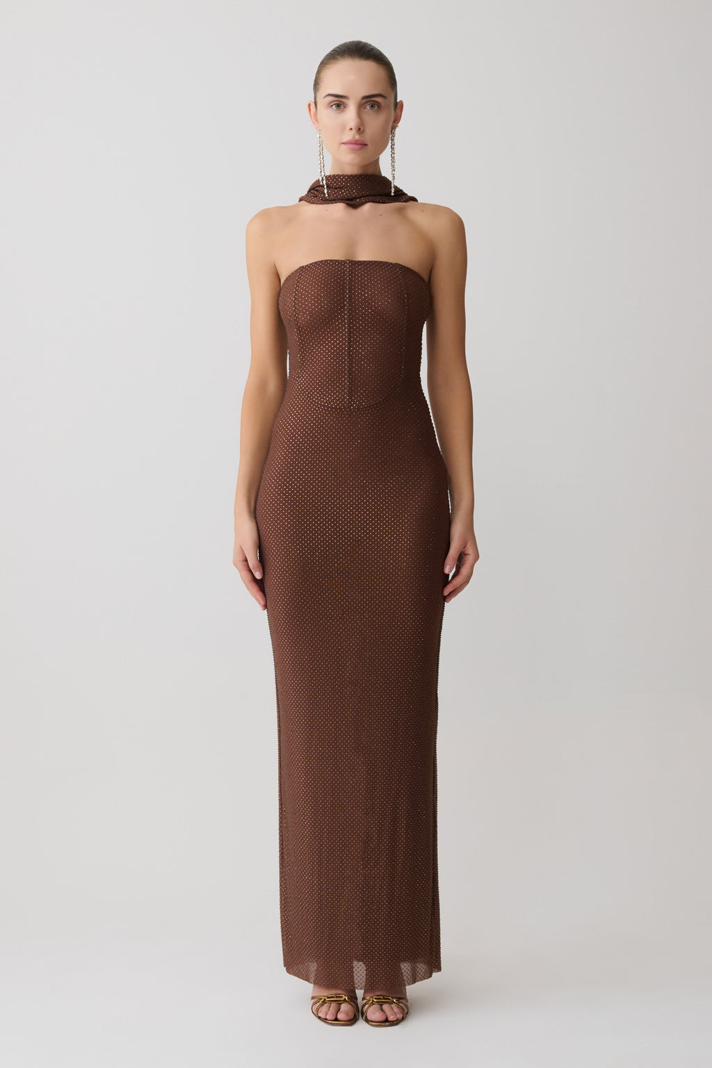Phi Multi-Wear Cowl Diamante Maxi Dress - Chocolate