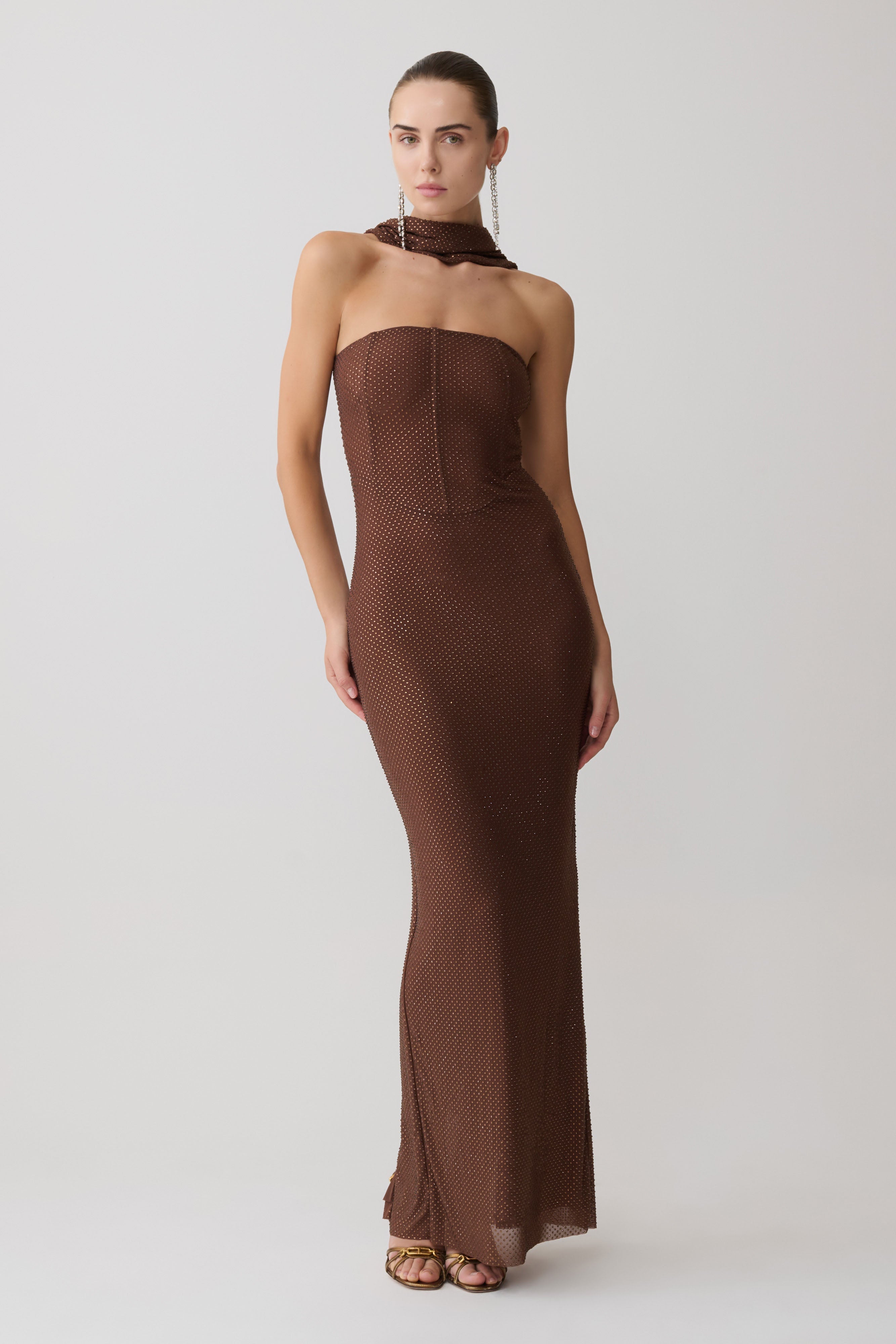 Phi Multi-Wear Cowl Diamante Maxi Dress - Chocolate