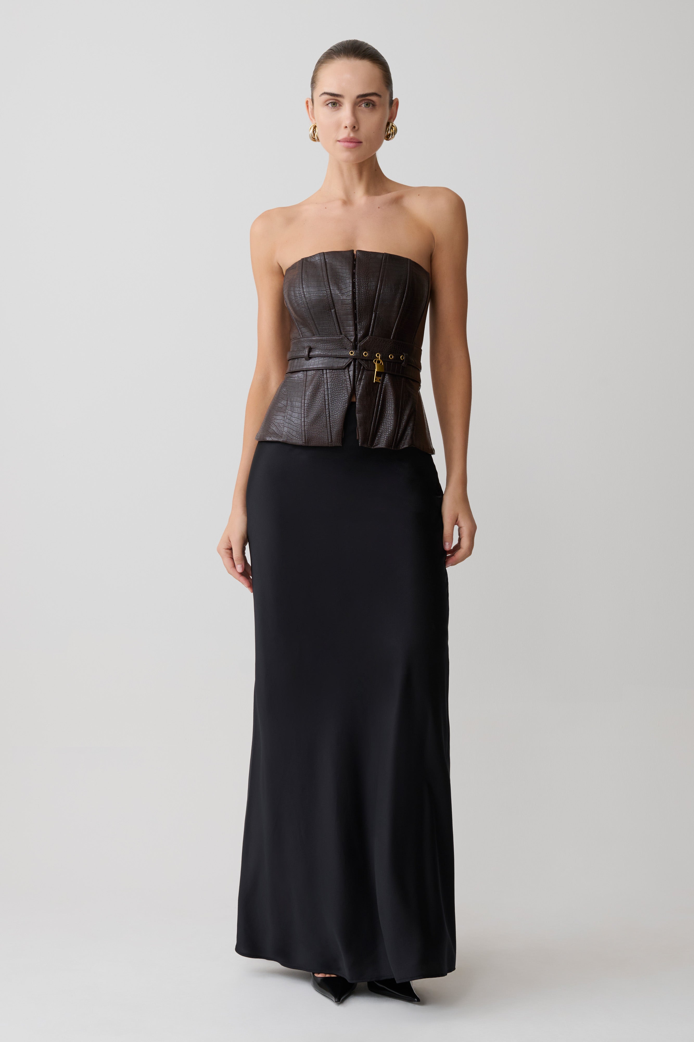 Thalia Faux Leather Boned Corset - Dark Chocolate