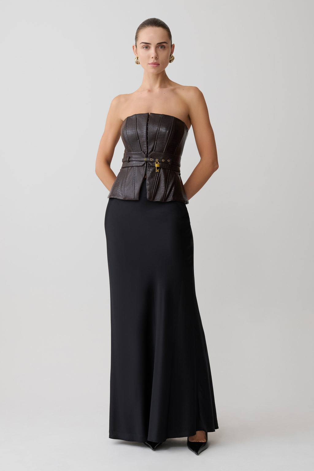 Thalia Faux Leather Boned Corset - Dark Chocolate