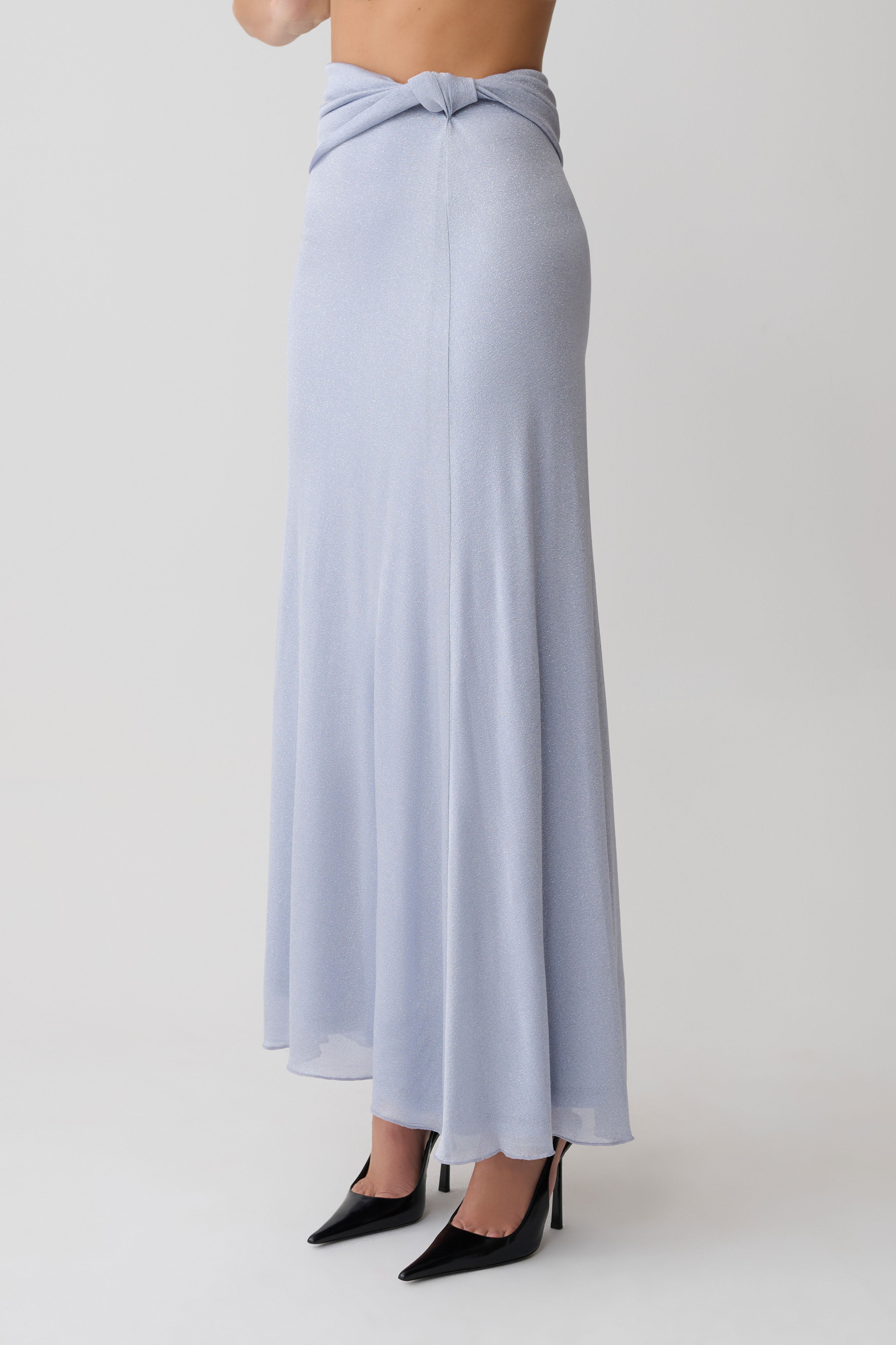 Adrienne Lurex Knot Maxi Skirt - Pastel Blue