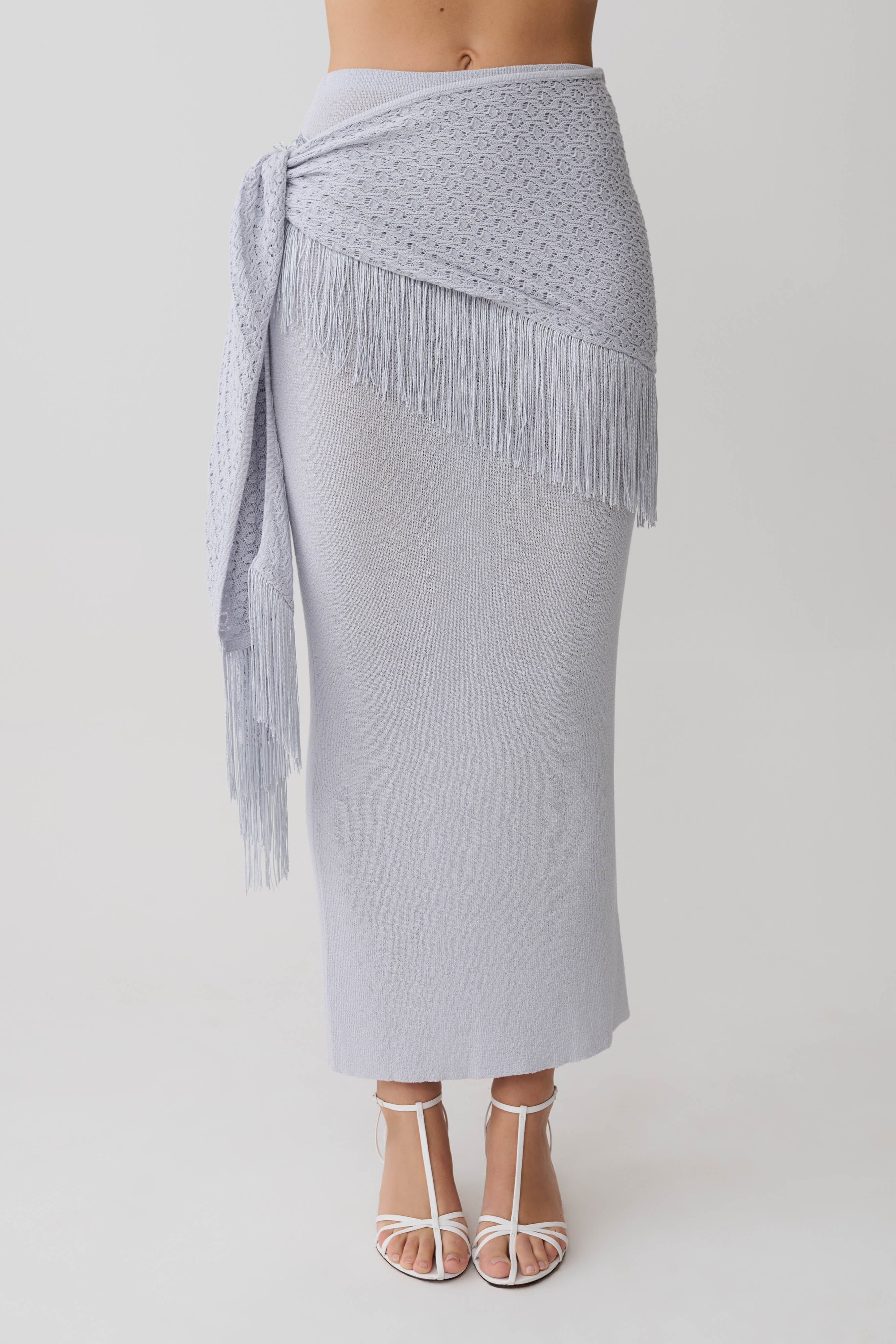 Jaytee Knit Maxi Skirt With Fringe Tie - Sky Blue