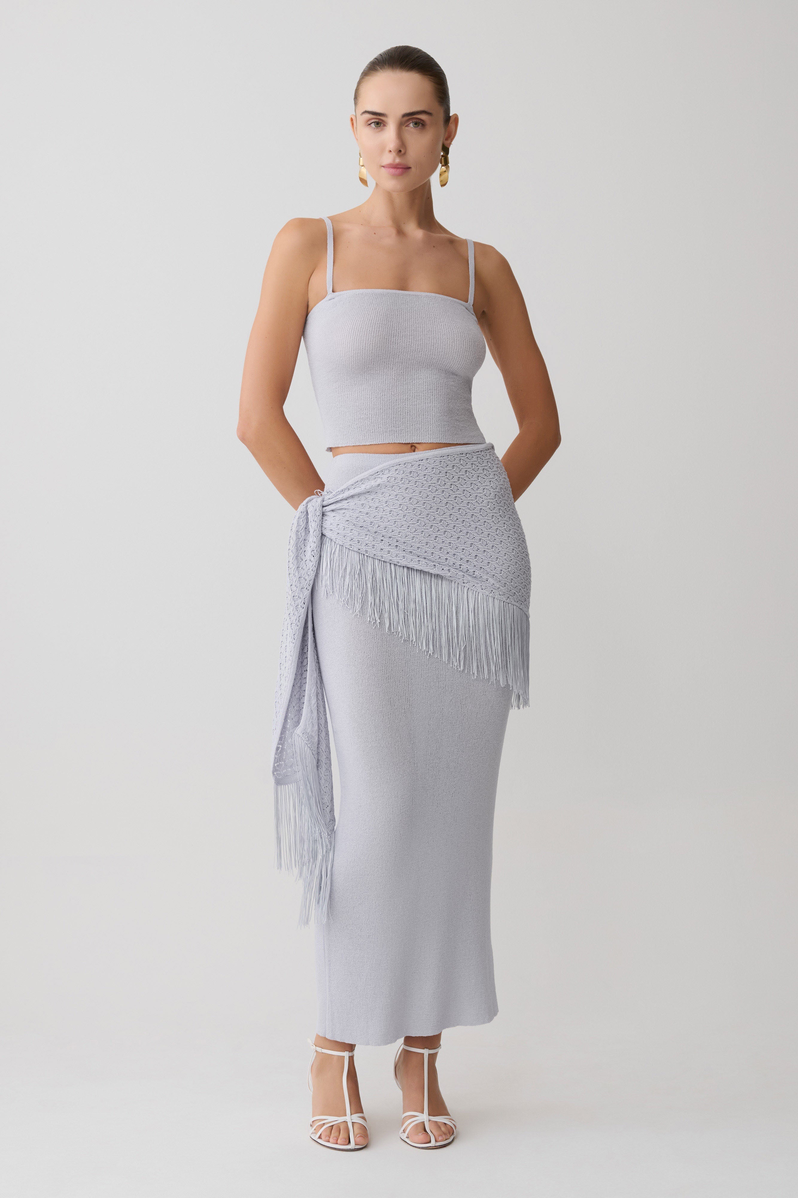 Jaytee Knit Maxi Skirt With Fringe Tie - Sky Blue