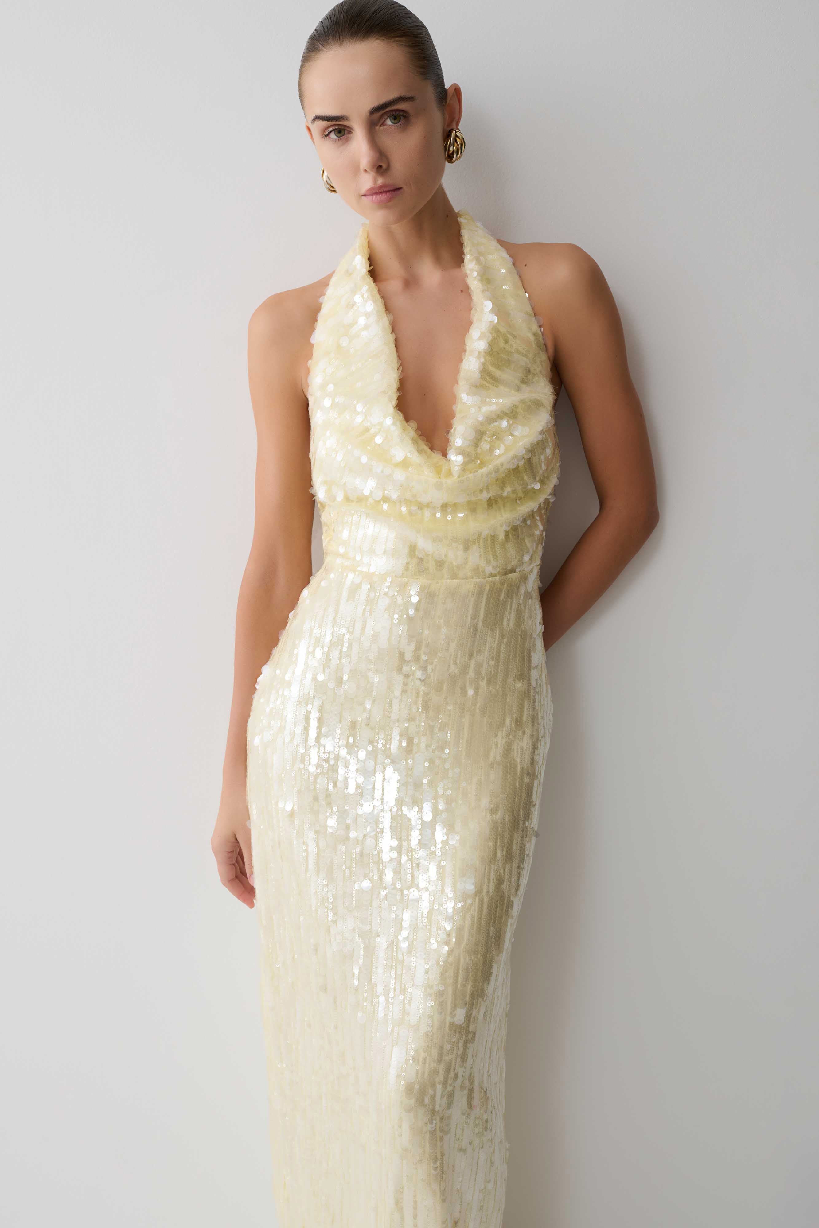Gertrud Sequin Halter Maxi Dress - Lemon