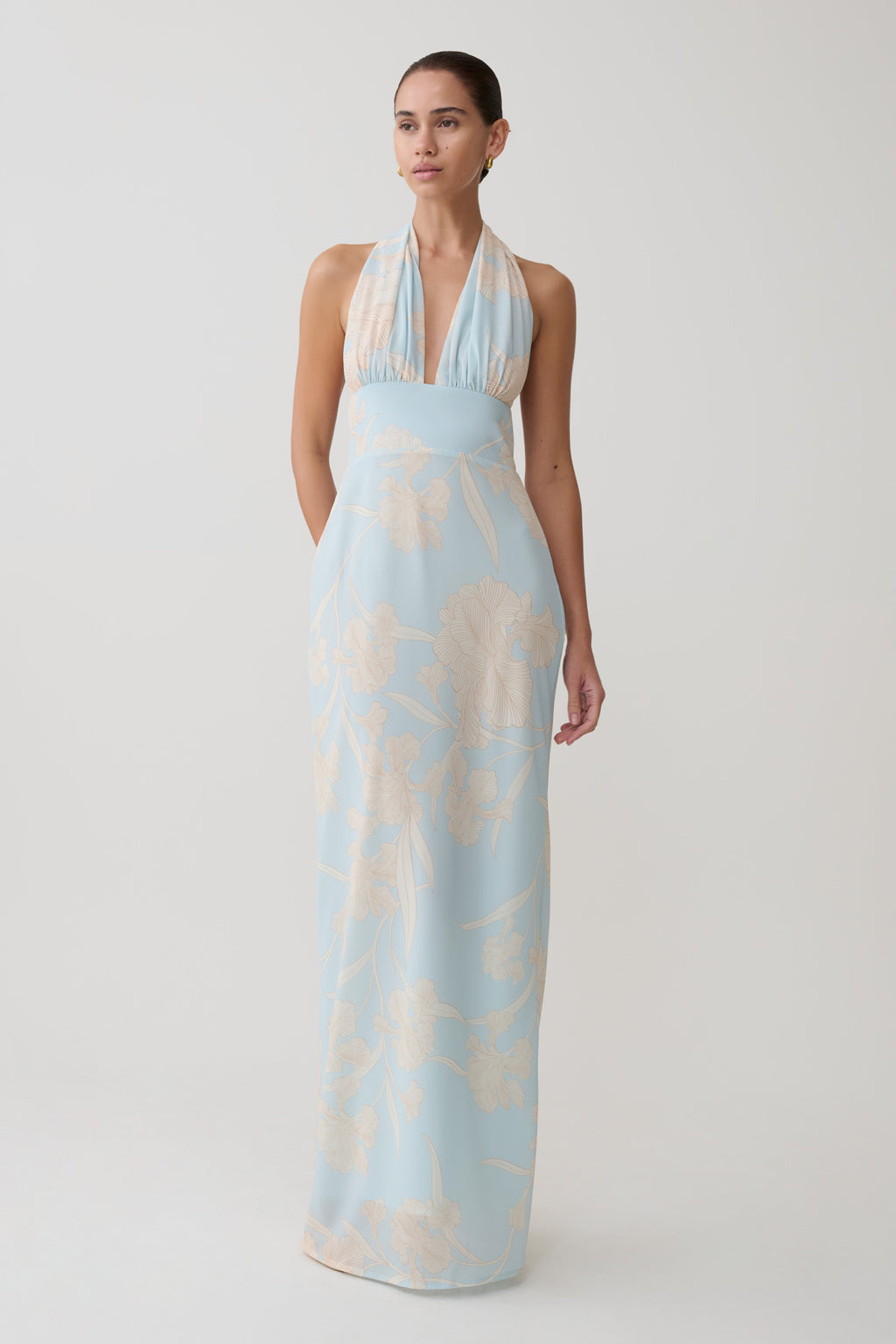 Nadine Halter Scarf Chiffon Maxi Dress - Blue Floral Print
