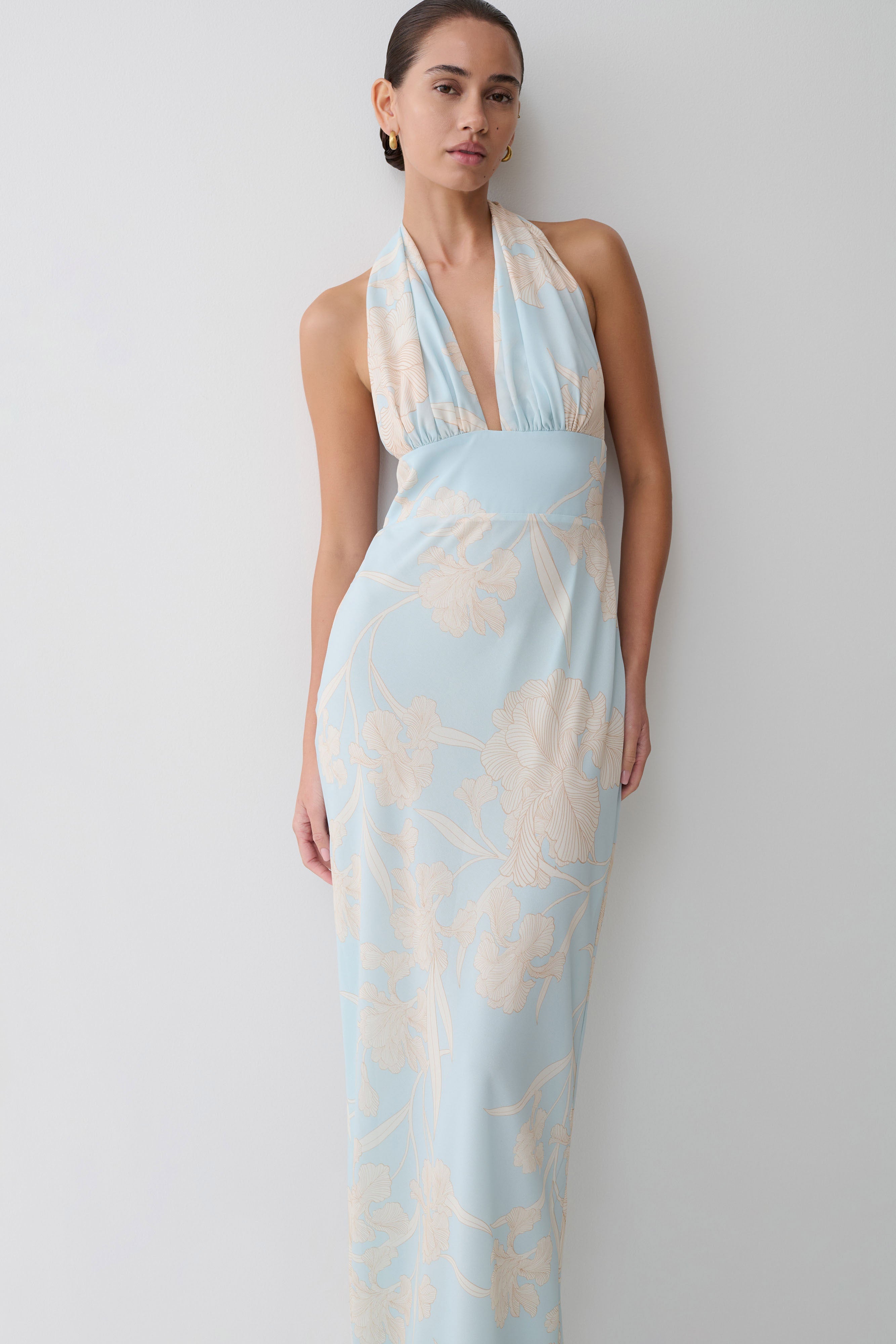 Nadine Halter Scarf Chiffon Maxi Dress - Blue Floral Print