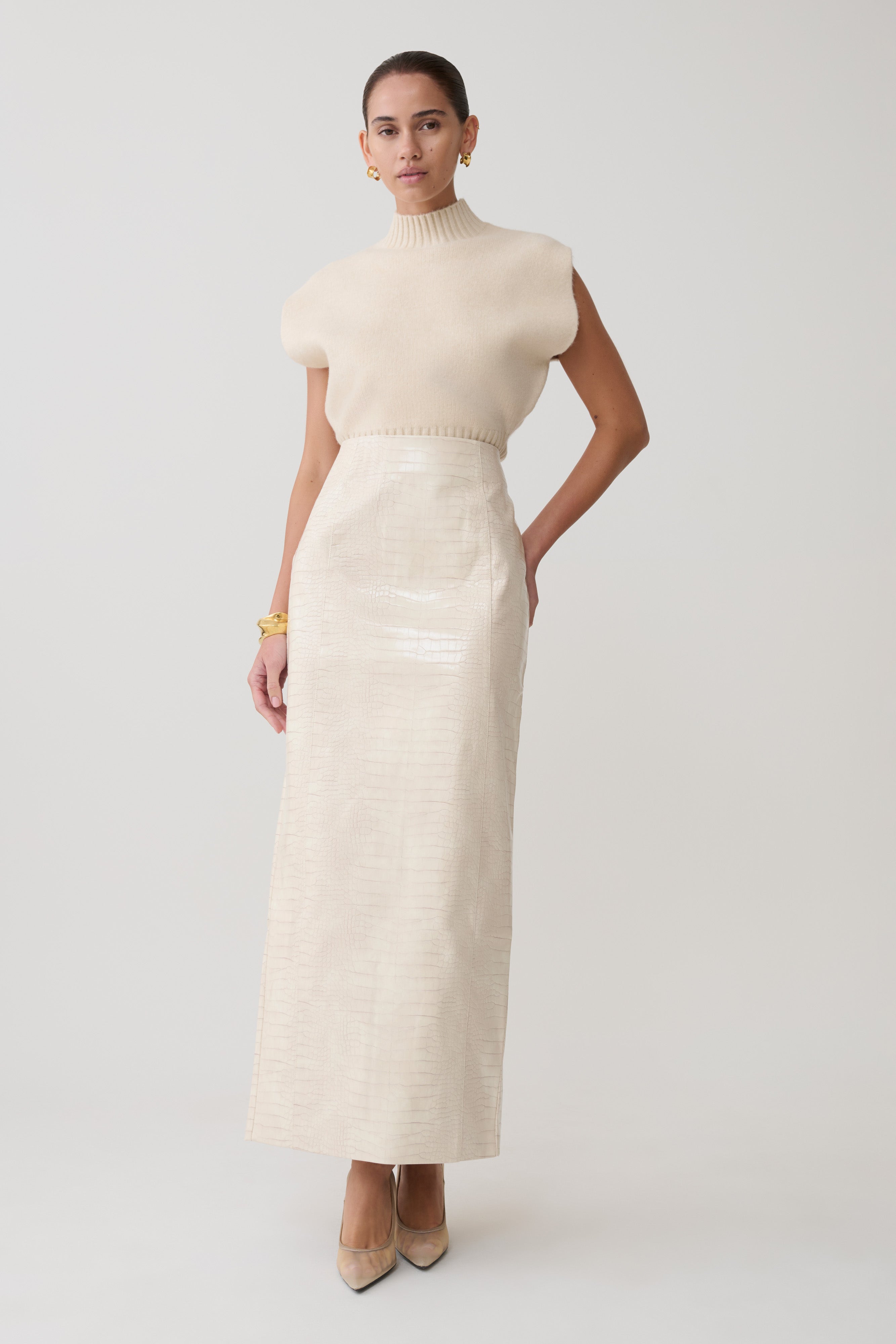 Thalia Croc Faux Leather Midi Skirt - Ivory