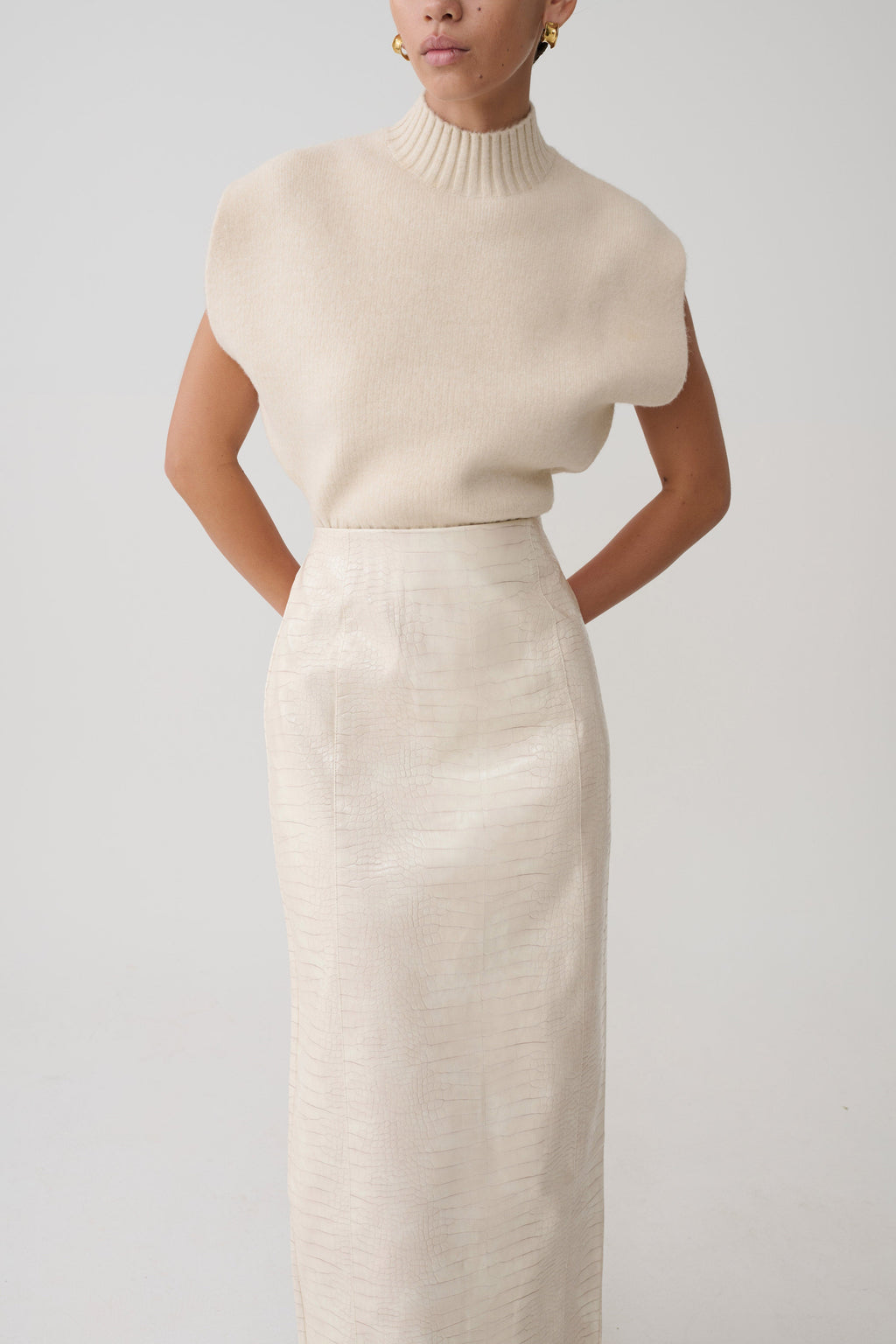 Thalia Croc Faux Leather Midi Skirt - Ivory
