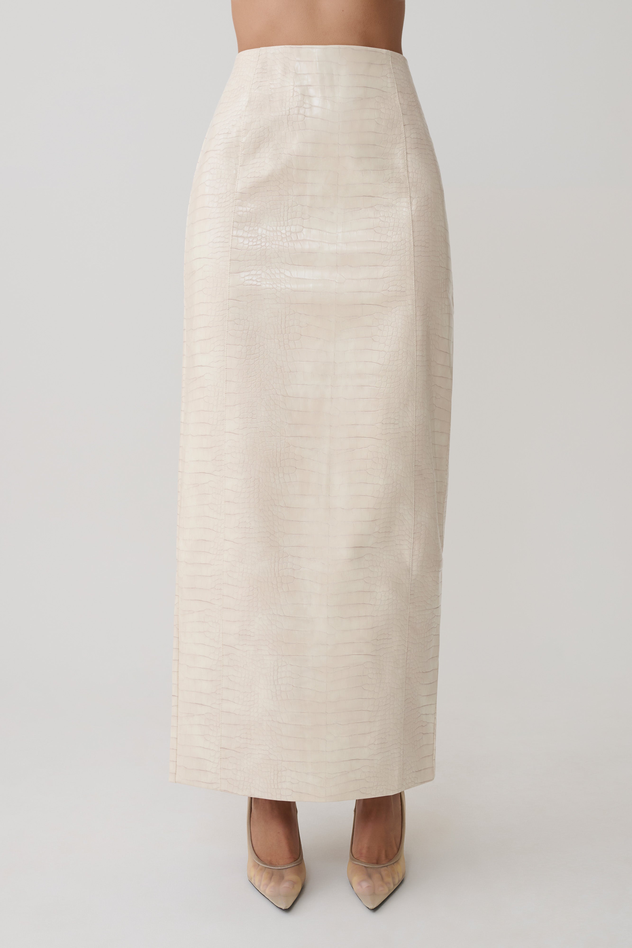 Thalia Croc Faux Leather Midi Skirt - Ivory