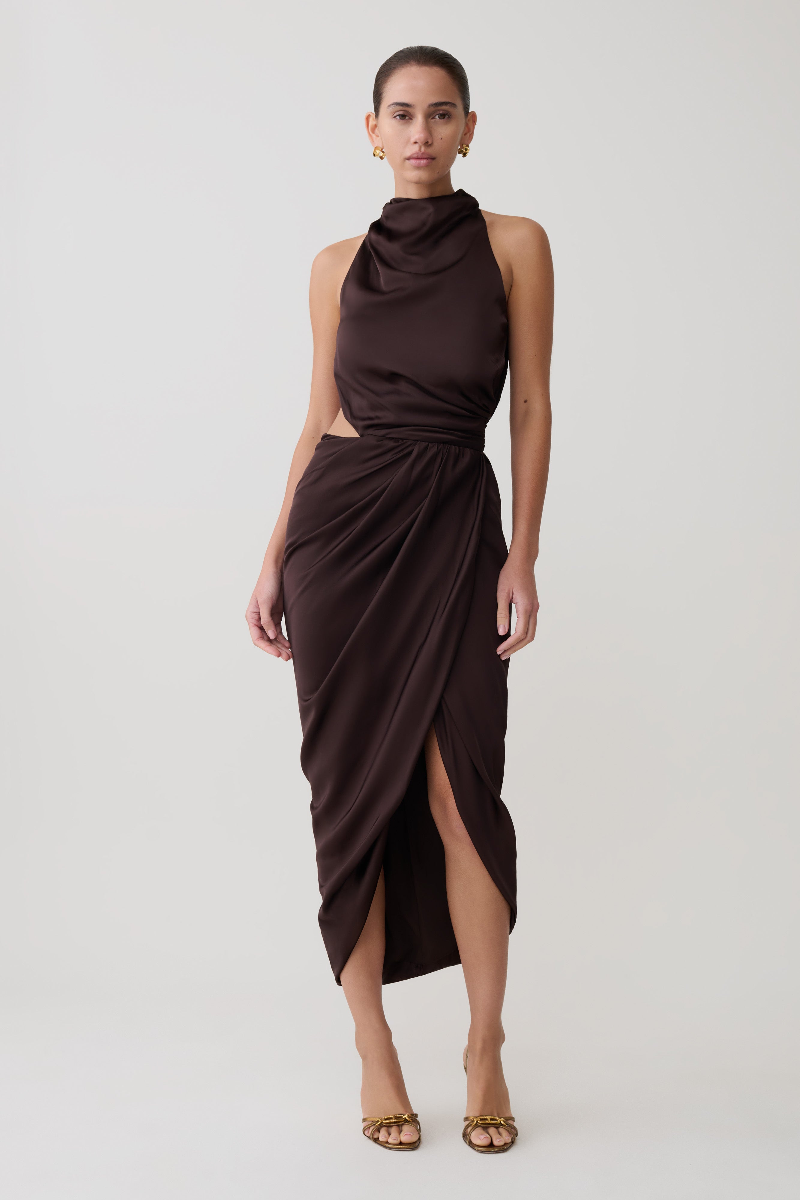 Aveline Draped Halter Midi Dress - Dark Chocolate