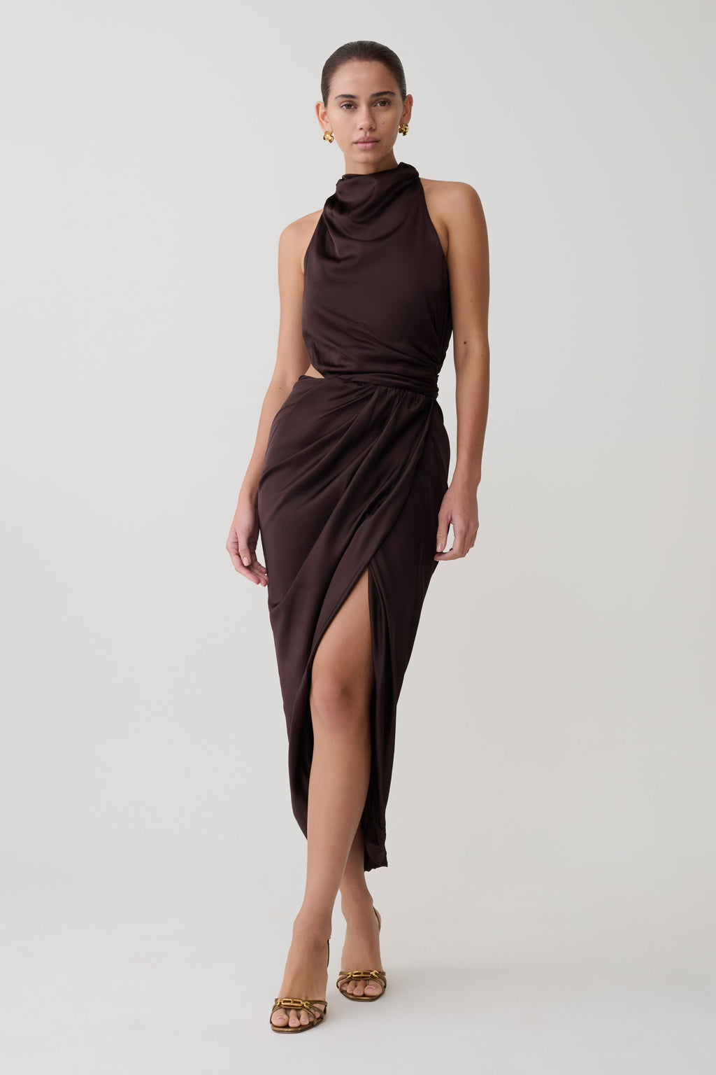 Aveline Draped Halter Midi Dress - Dark Chocolate