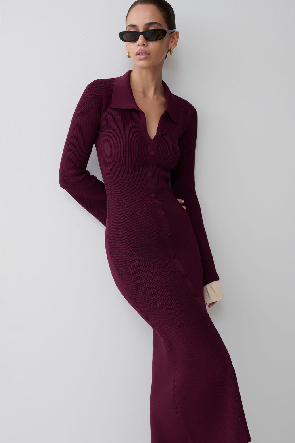 Amirose Ruffle Knit Midi Dress - Plum