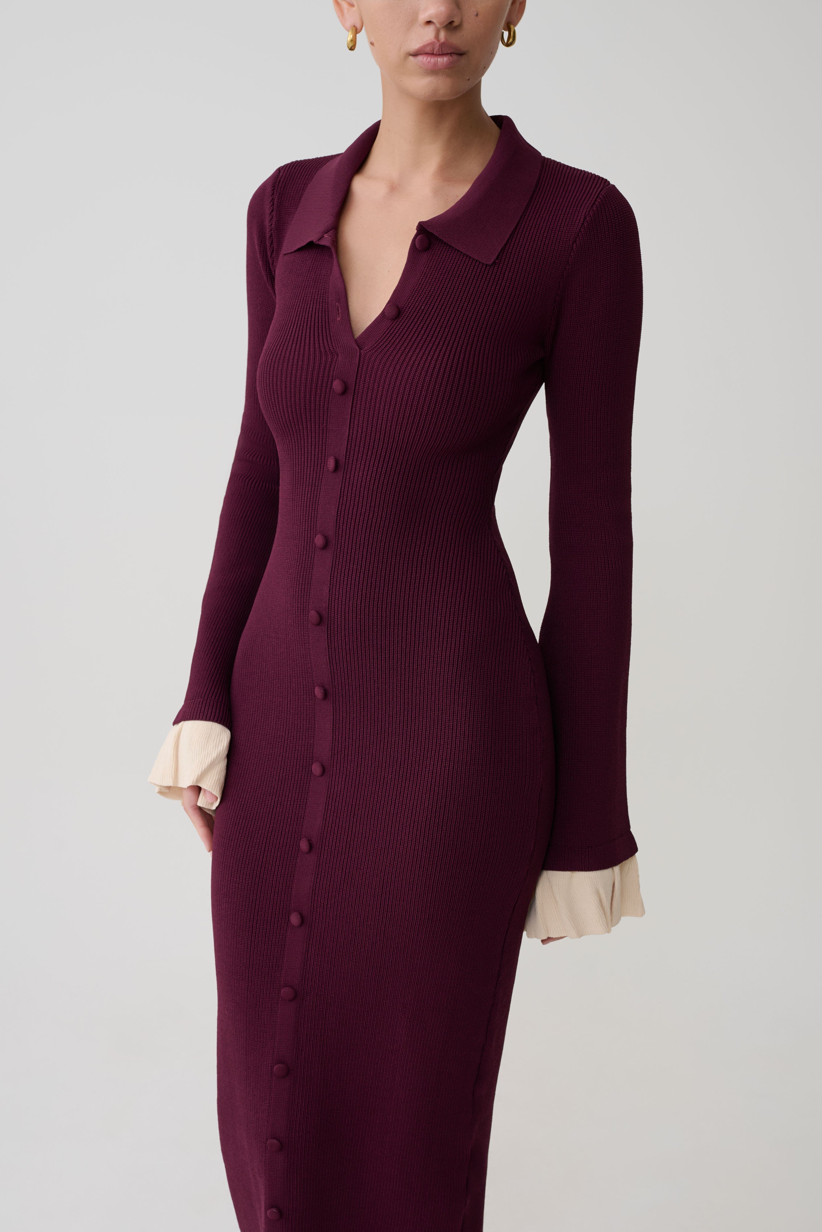 Amirose Ruffle Knit Midi Dress - Plum