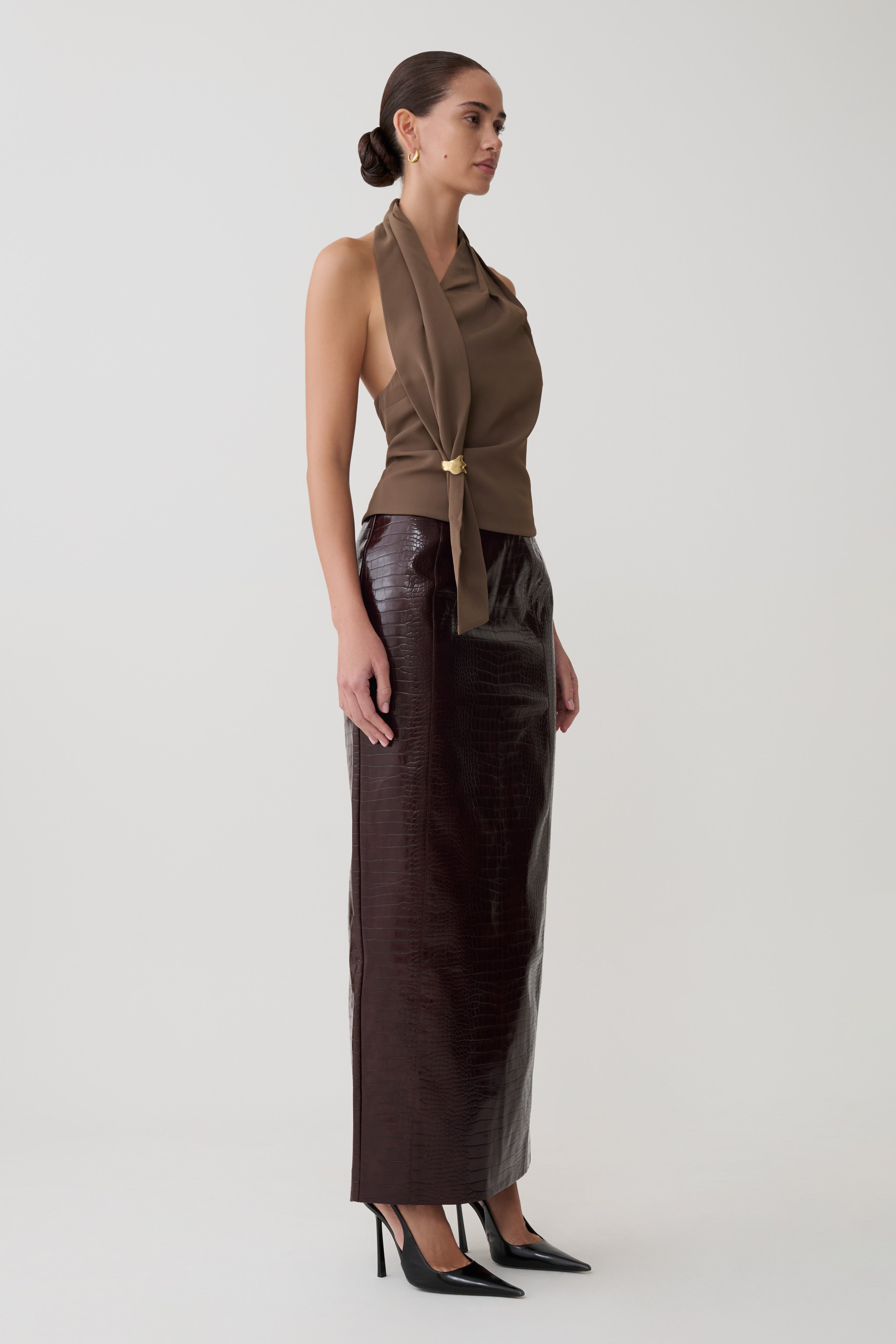 Marina Halter Top With Hardware - Cacao Brown