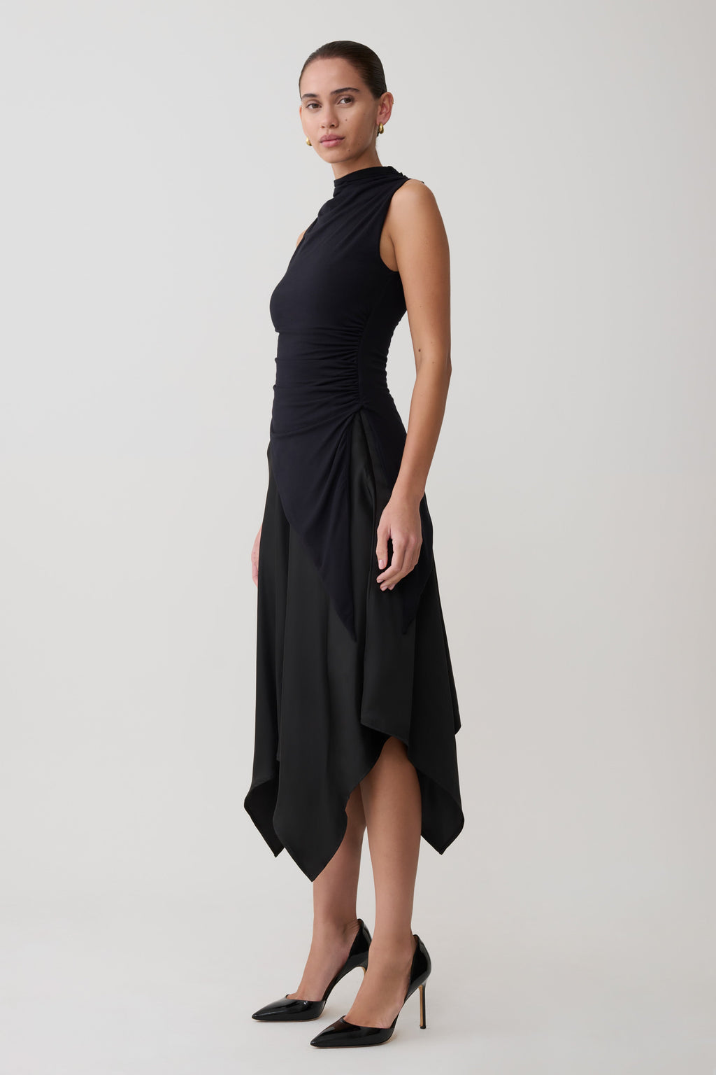Coralie Asymmetric Satin Midi Skirt - Black