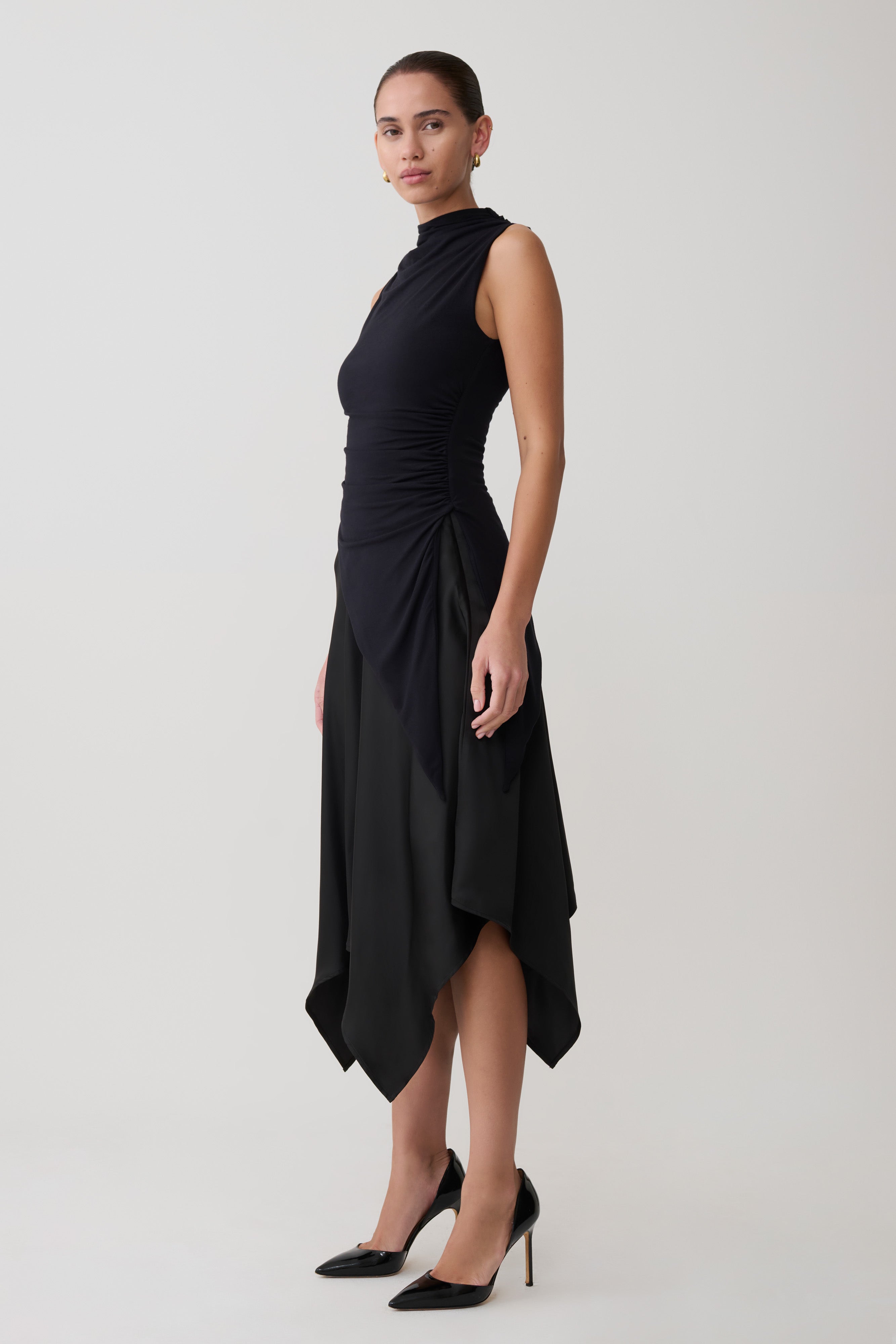 Coralie Asymmetric Satin Midi Skirt - Black
