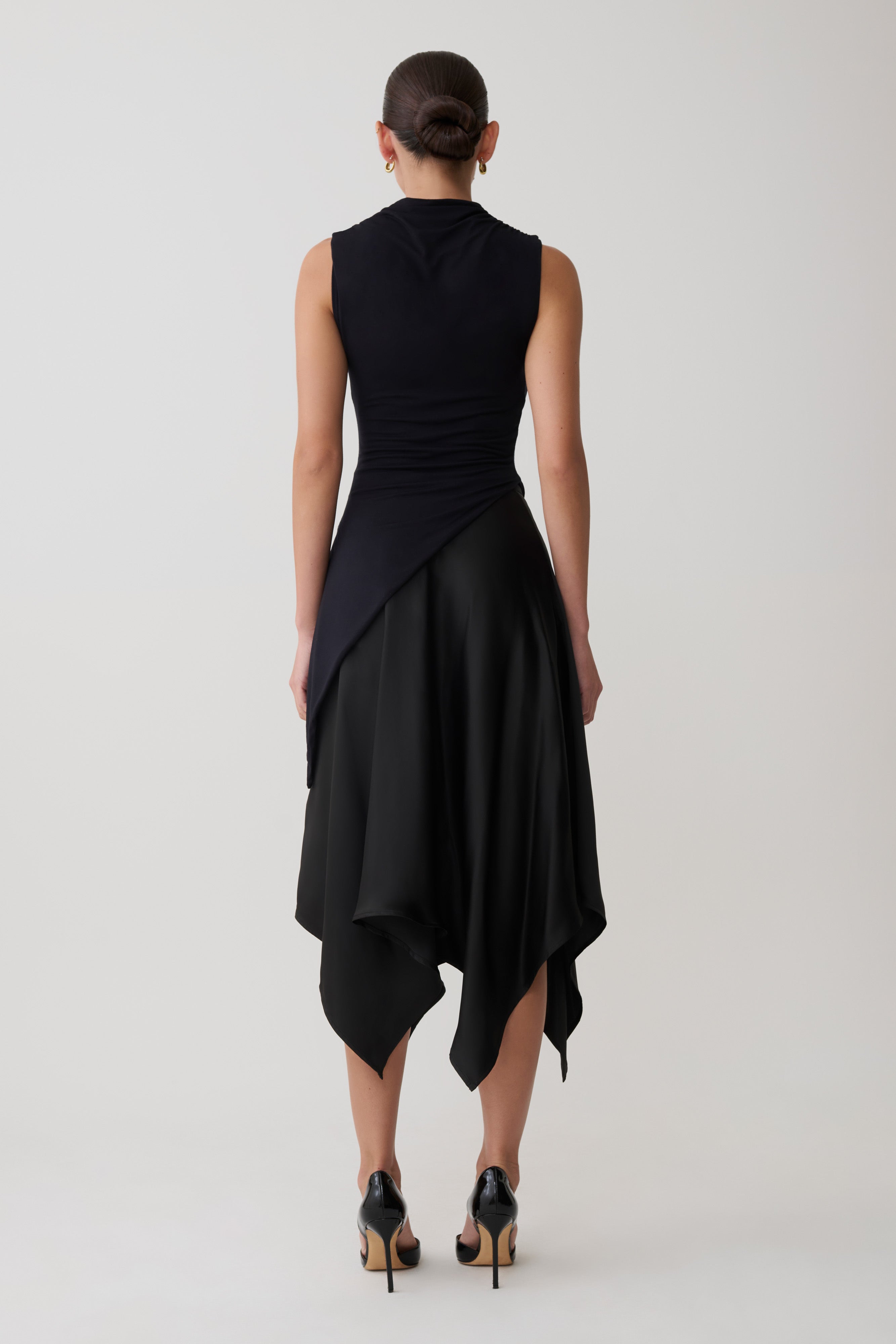 Coralie Asymmetric Satin Midi Skirt - Black