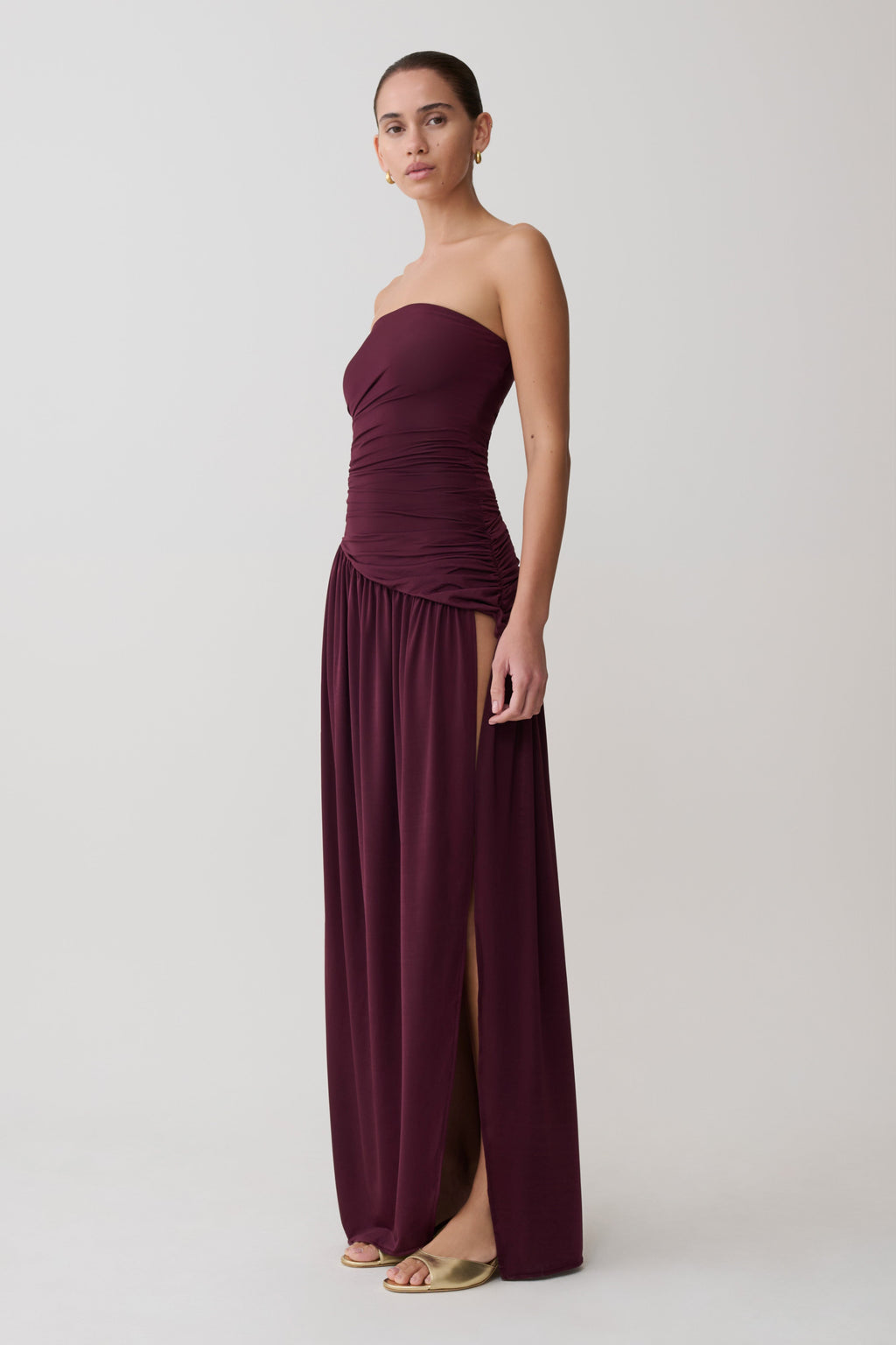 Bex Strapless Slinky Maxi Dress With Split - Burgundy